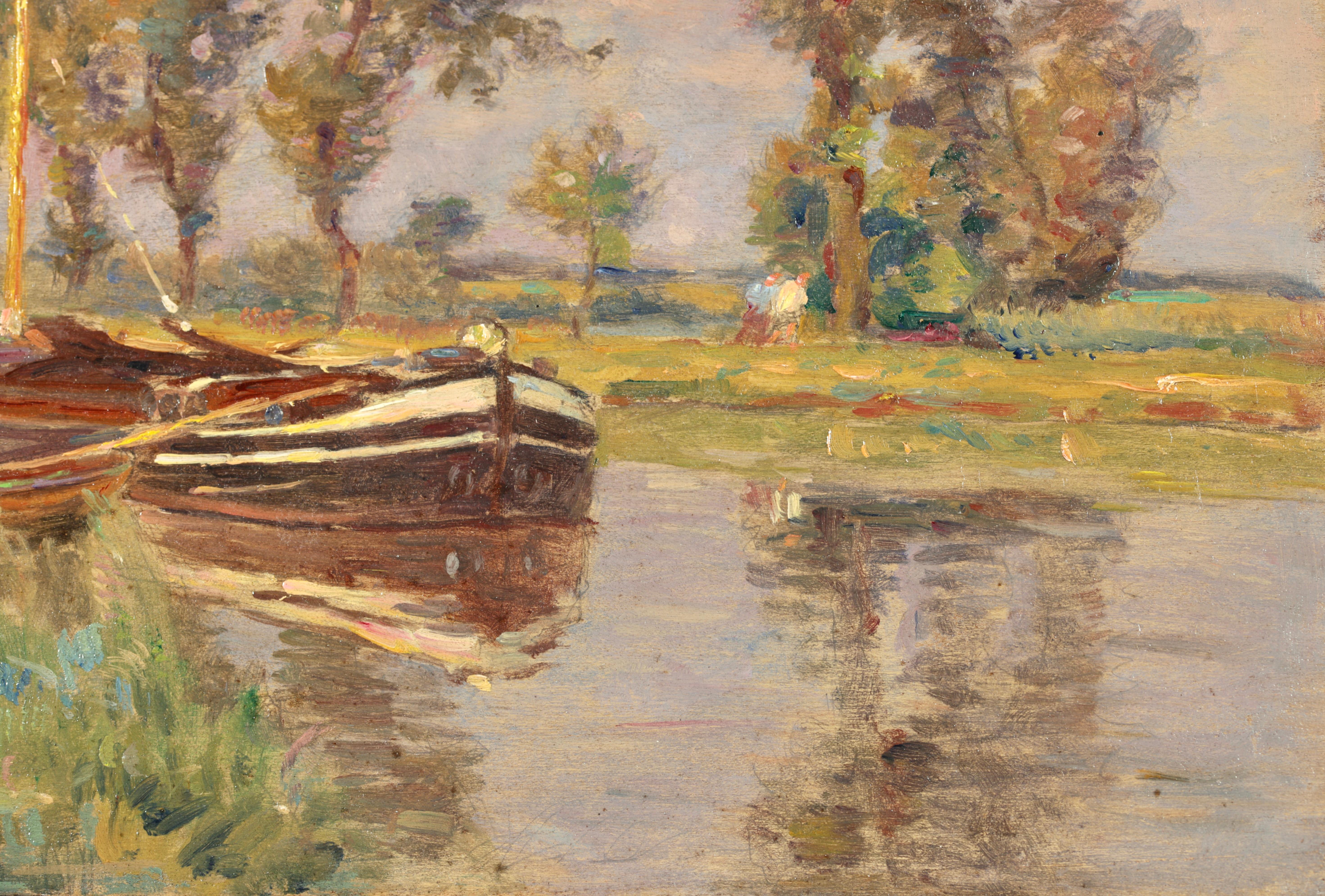 Canale di Douai - Olio impressionista francese, Paesaggio fluviale di Henri Duhem 3