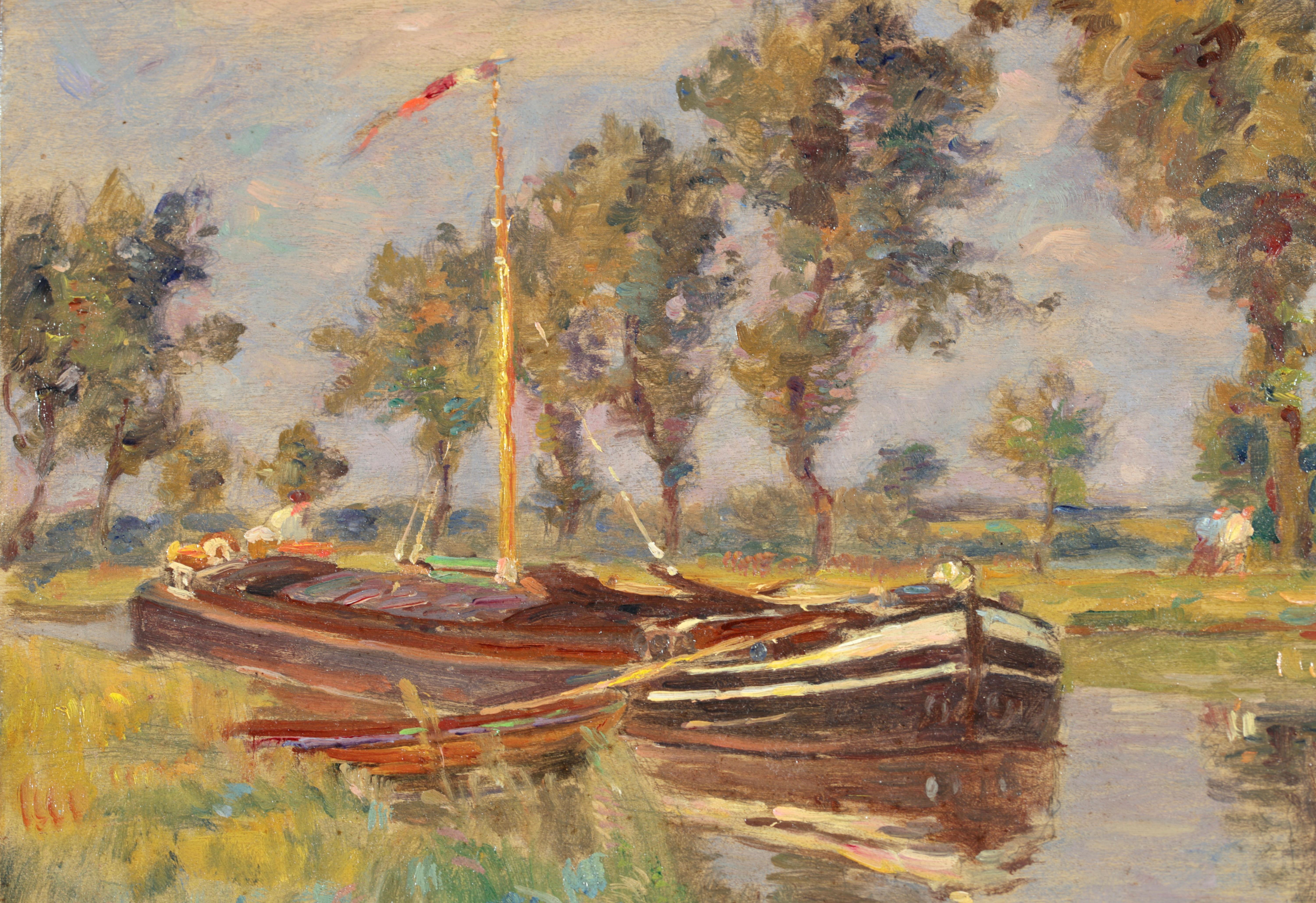 Canal a Douai - French Impressionist Oil, River Landscape by Henri Duhem For Sale 7
