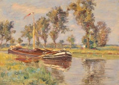 Canal a Douai, huile impressionniste française, paysage fluvial d'Henri Duhem