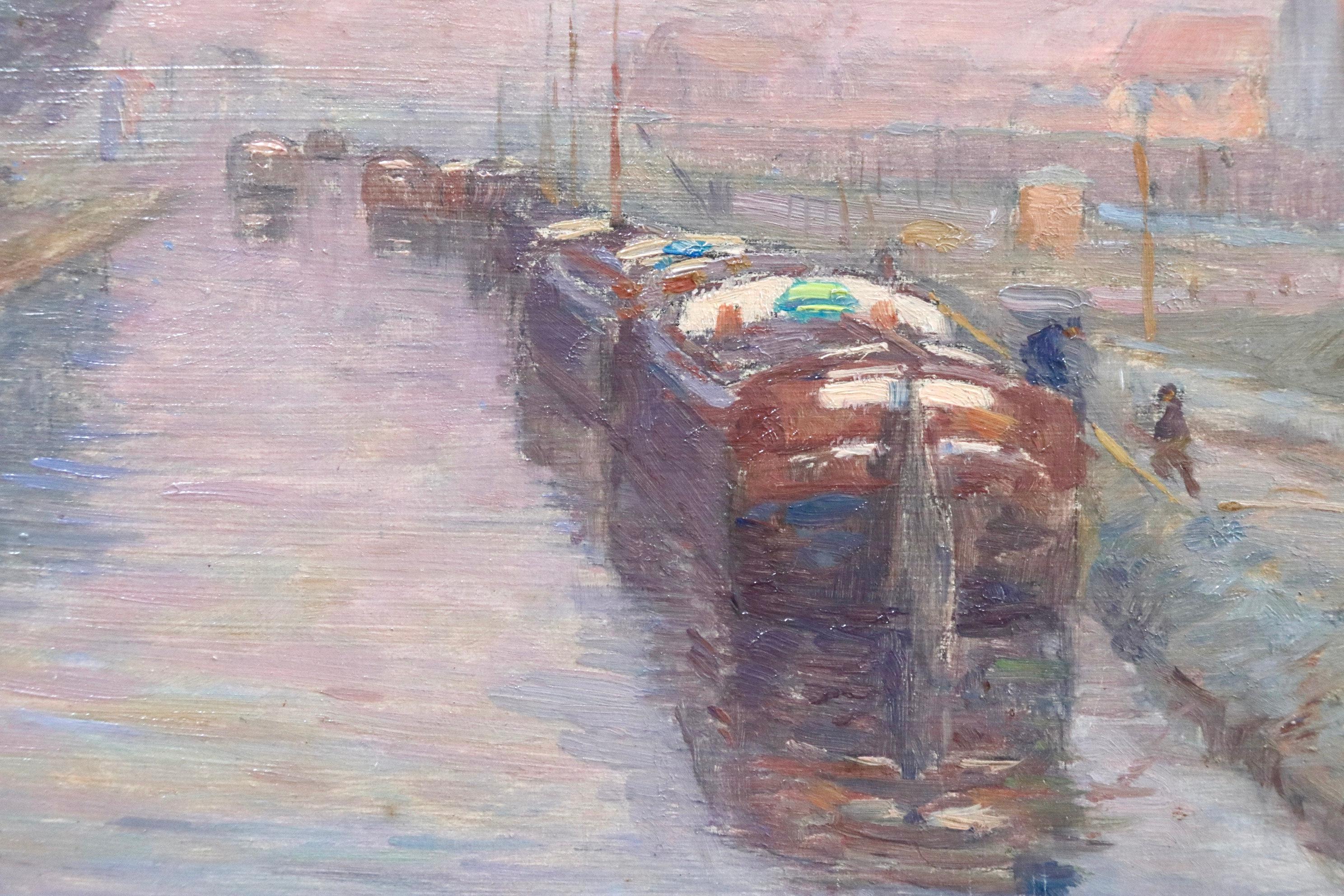 Canal à Douai - Hiver - 19th Century Oil, Barges in Winter Landscape by H Duhem - Impressionist Painting by Henri Duhem