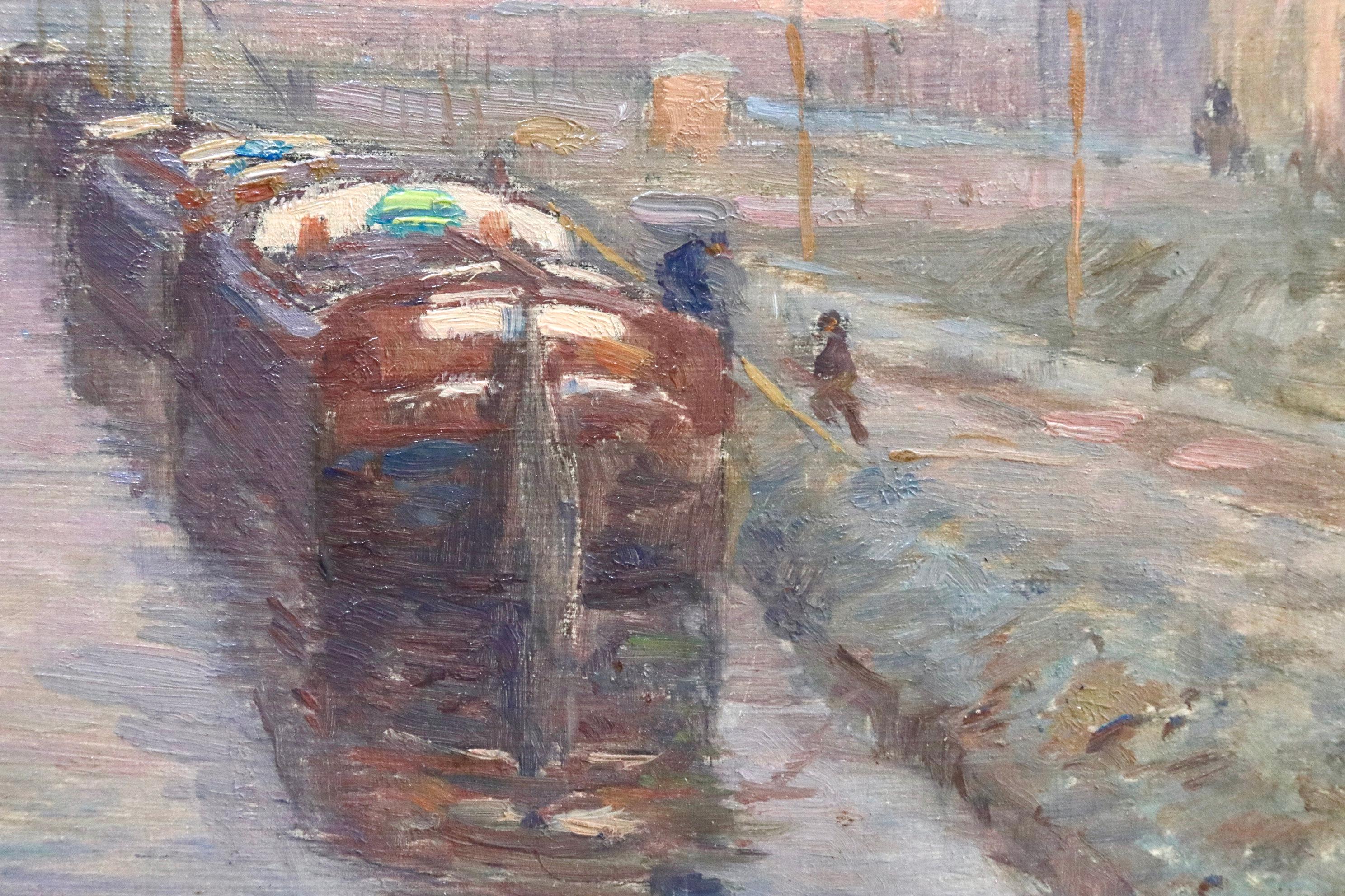A lovely oil on panel by Henri Duhem depicting barges on the canal in Douai - the colouring beautifully represents the cold of winter. Signed lower left and dated 1903 verso. This painting is not currently framed but a suitable frame can be sourced