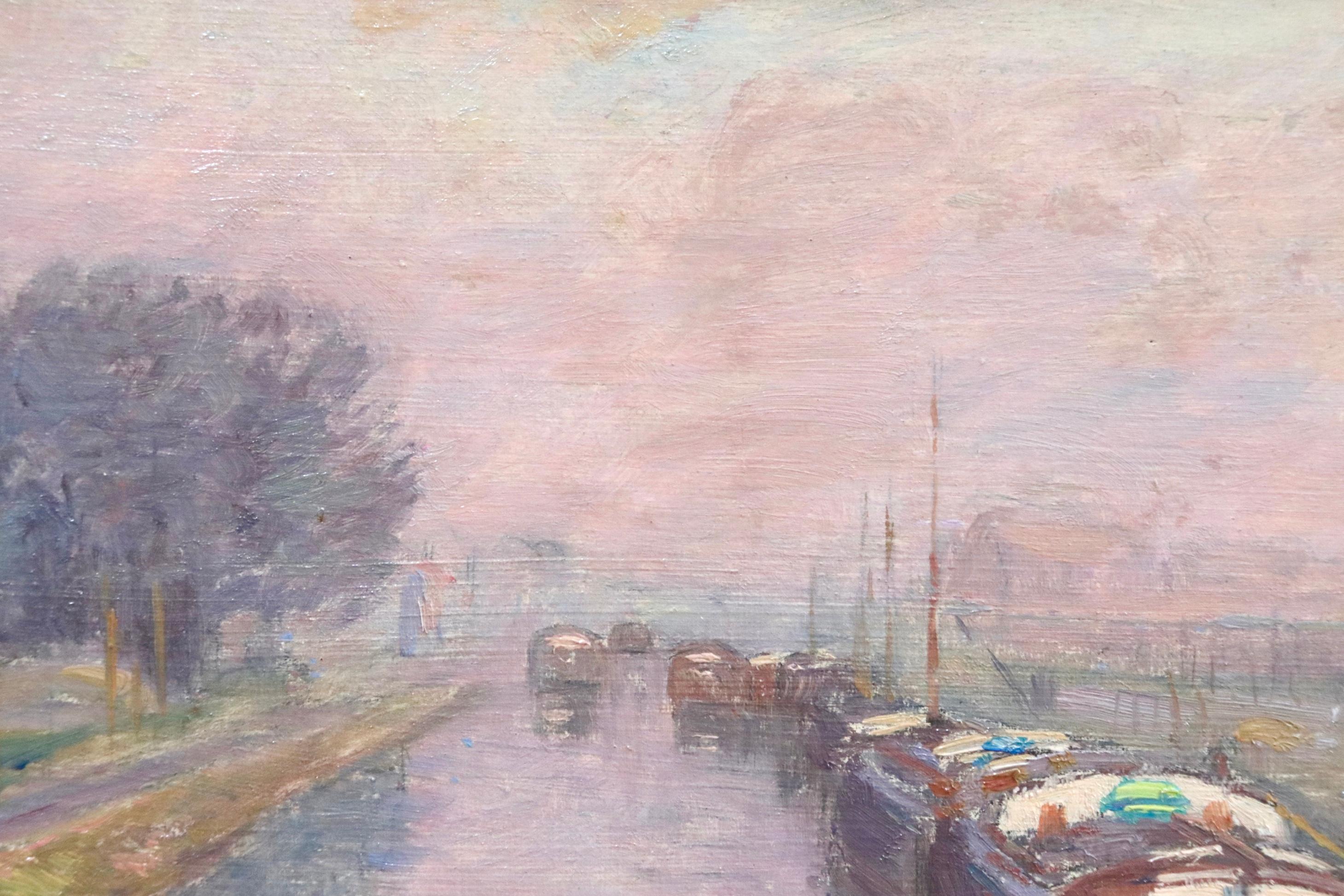 Canal à Douai - Hiver - 19th Century Oil, Barges in Winter Landscape by H Duhem For Sale 1