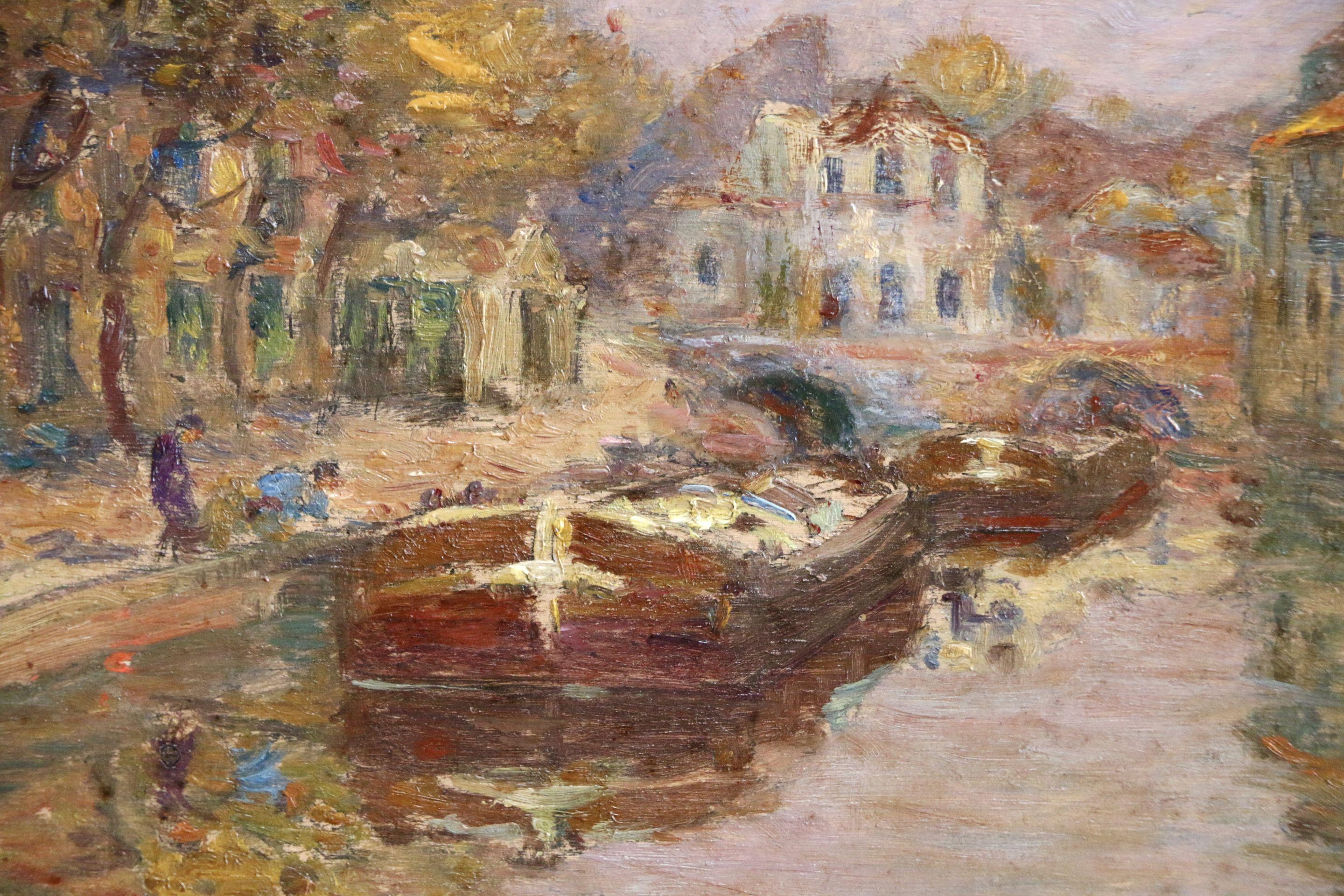 Canal at Douai- 19th Century Oil, Boats & Figures Canal Landscape by Henri Duhem 3