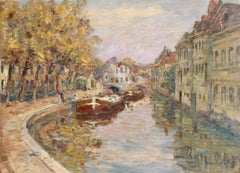 Canal at Douai- 19th Century Oil, Boats & Figures Canal Landscape by Henri Duhem