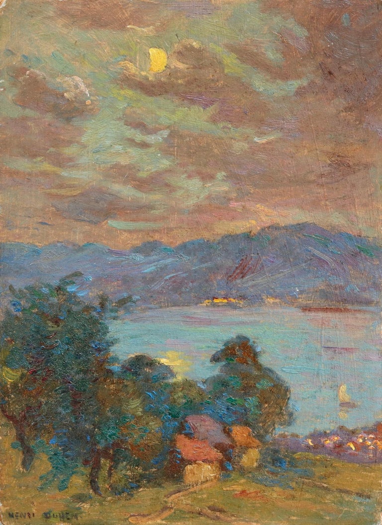 Henri Duhem - Clair de lune - La Genève - Huile du XIXe siècle, paysage de  lac enluminé - Duhem En vente sur 1stDibs