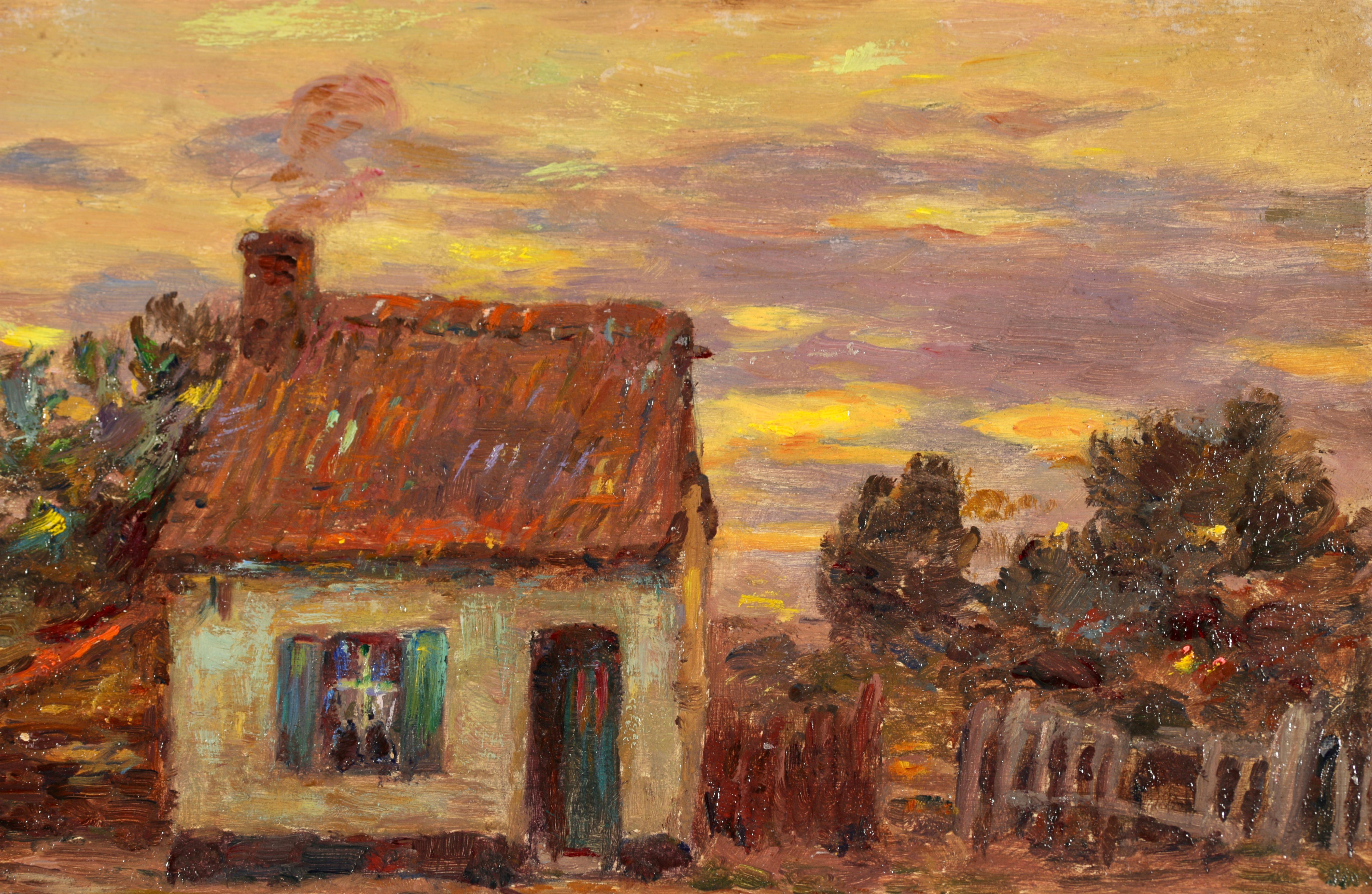Cottage at Sundown – Impressionistisches Ölgemälde, Landschaft am Sonnenuntergang von Henri Duhem im Angebot 2