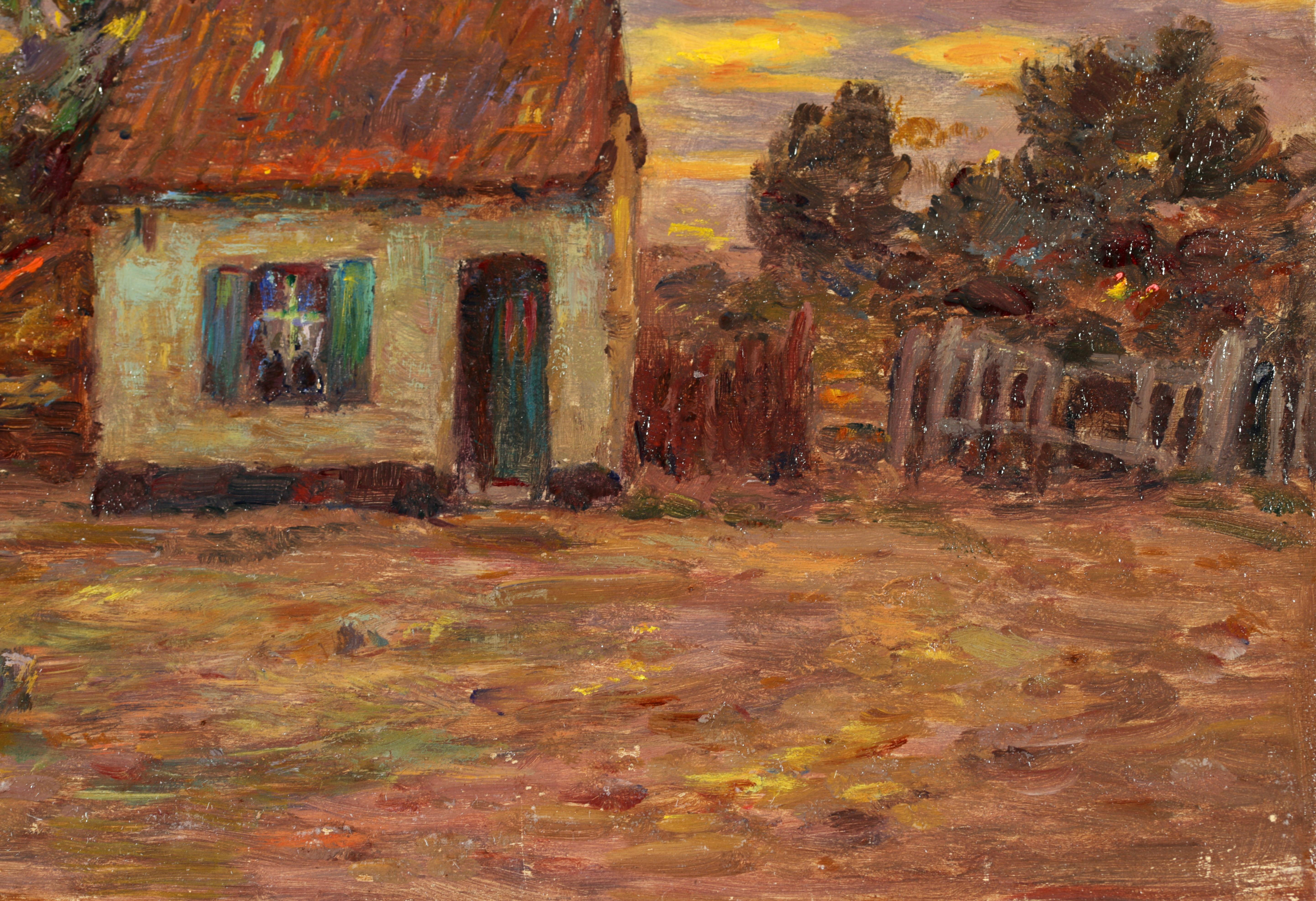 Cottage at Sundown – Impressionistisches Ölgemälde, Landschaft am Sonnenuntergang von Henri Duhem im Angebot 3