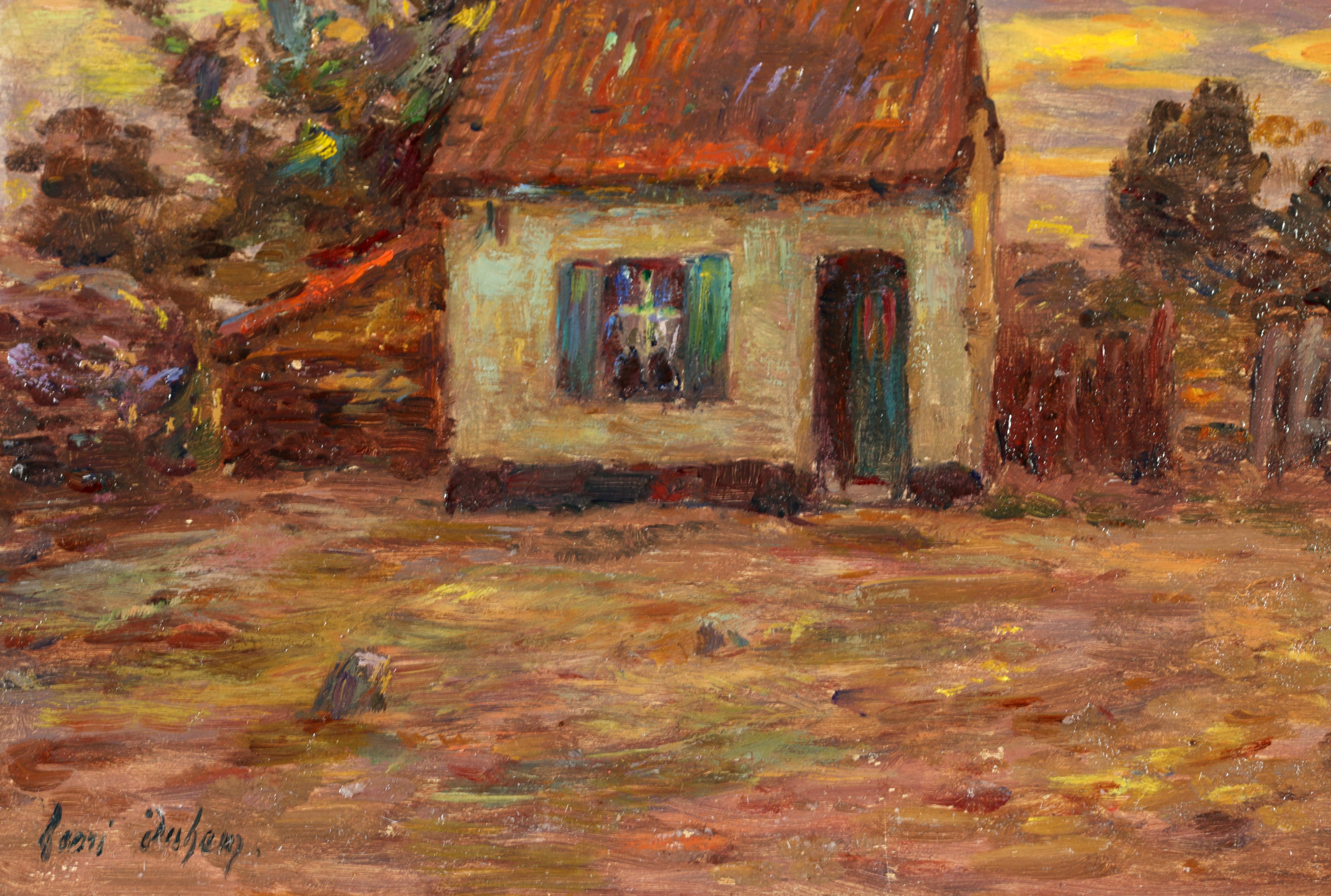 Cottage at Sundown - Impressionist Oil, Landscape at Sunset by Henri Duhem For Sale 4