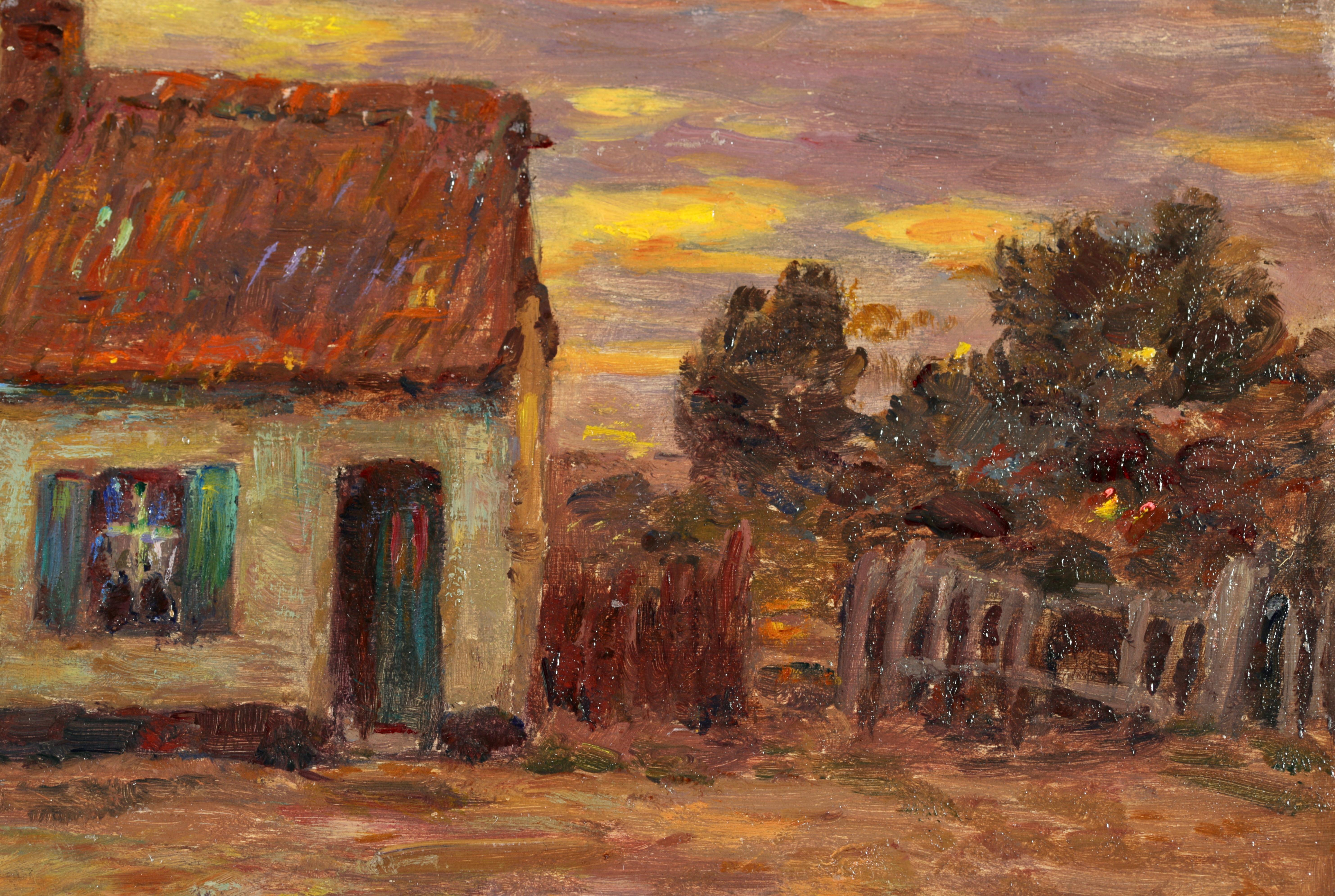 Cottage at Sundown – Impressionistisches Ölgemälde, Landschaft am Sonnenuntergang von Henri Duhem im Angebot 5