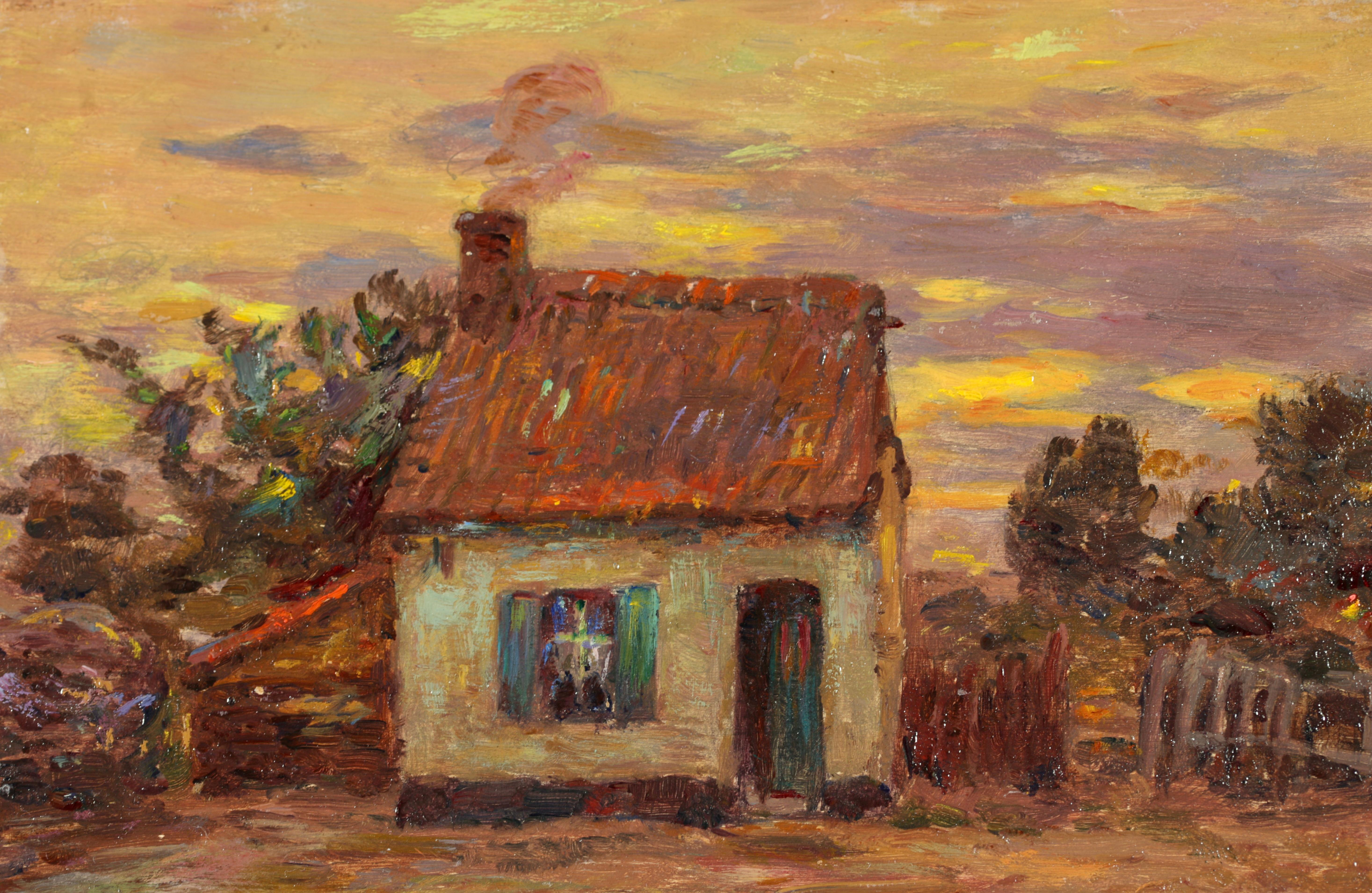 Cottage at Sundown – Impressionistisches Ölgemälde, Landschaft am Sonnenuntergang von Henri Duhem im Angebot 6
