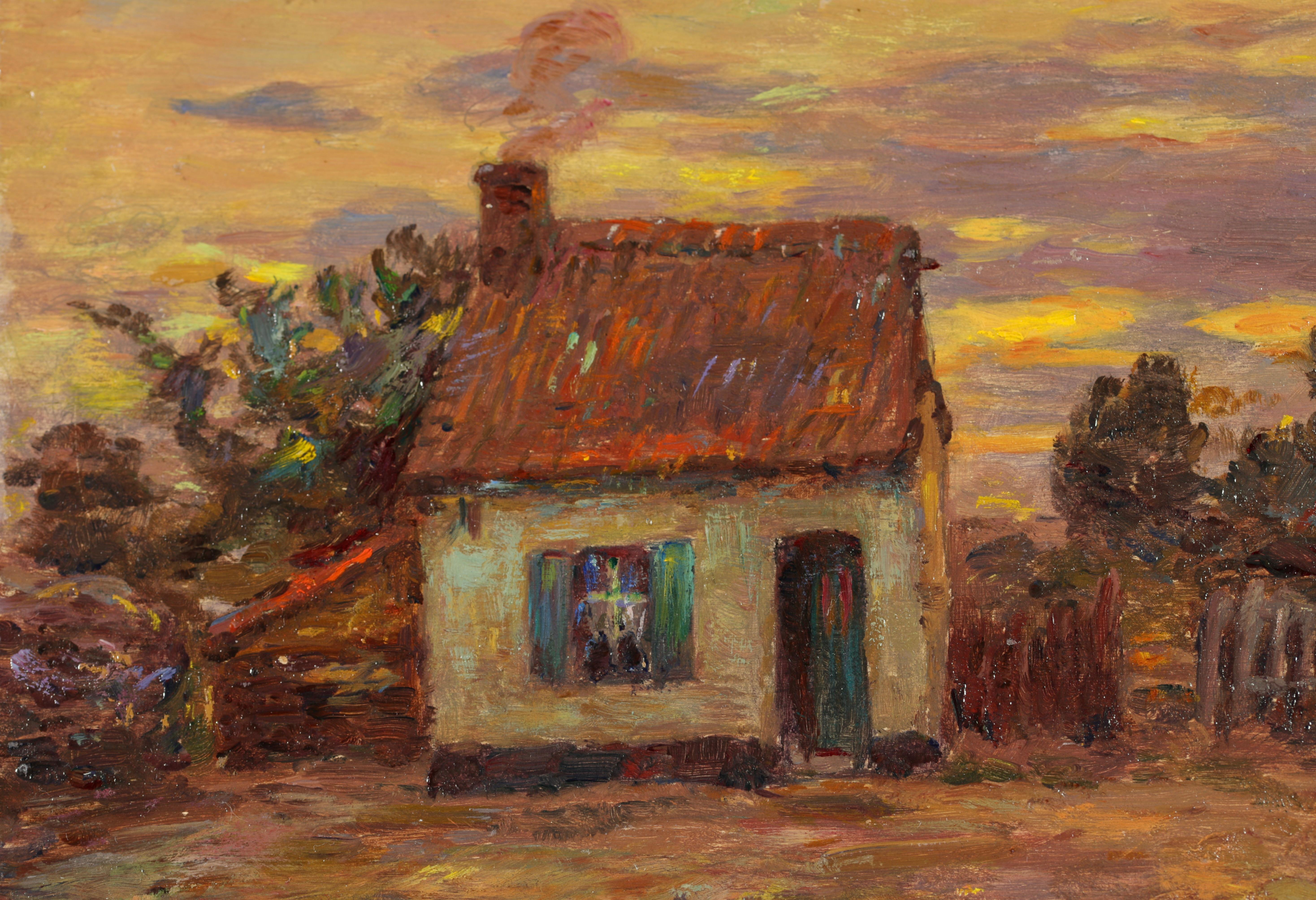 Cottage at Sundown – Impressionistisches Ölgemälde, Landschaft am Sonnenuntergang von Henri Duhem im Angebot 7