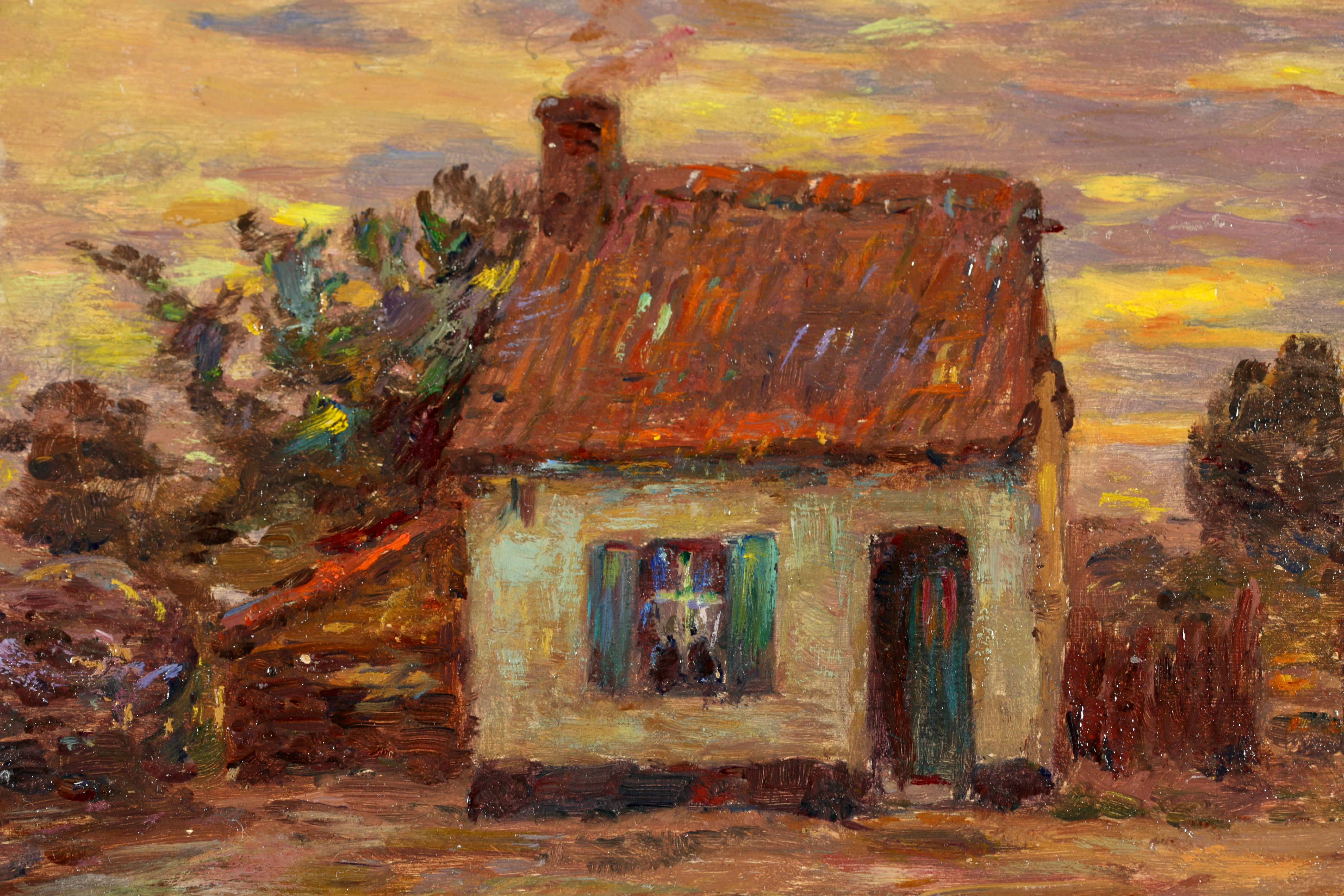 Cottage at Sundown – Impressionistisches Ölgemälde, Landschaft am Sonnenuntergang von Henri Duhem im Angebot 8