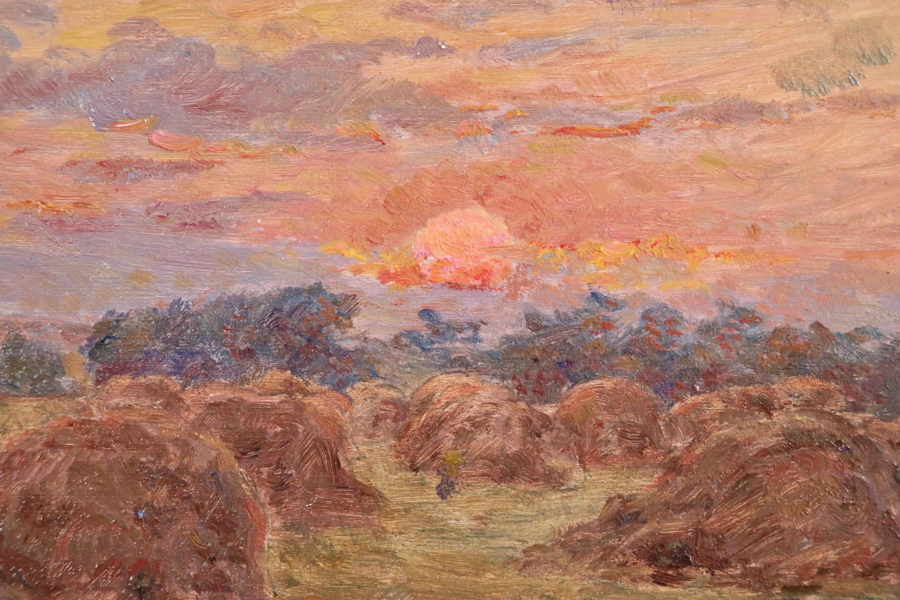 Coucher de Soleil sur des Meules - 19th Century Oil, Landscape by Henry Duhem - Painting by Henri Duhem
