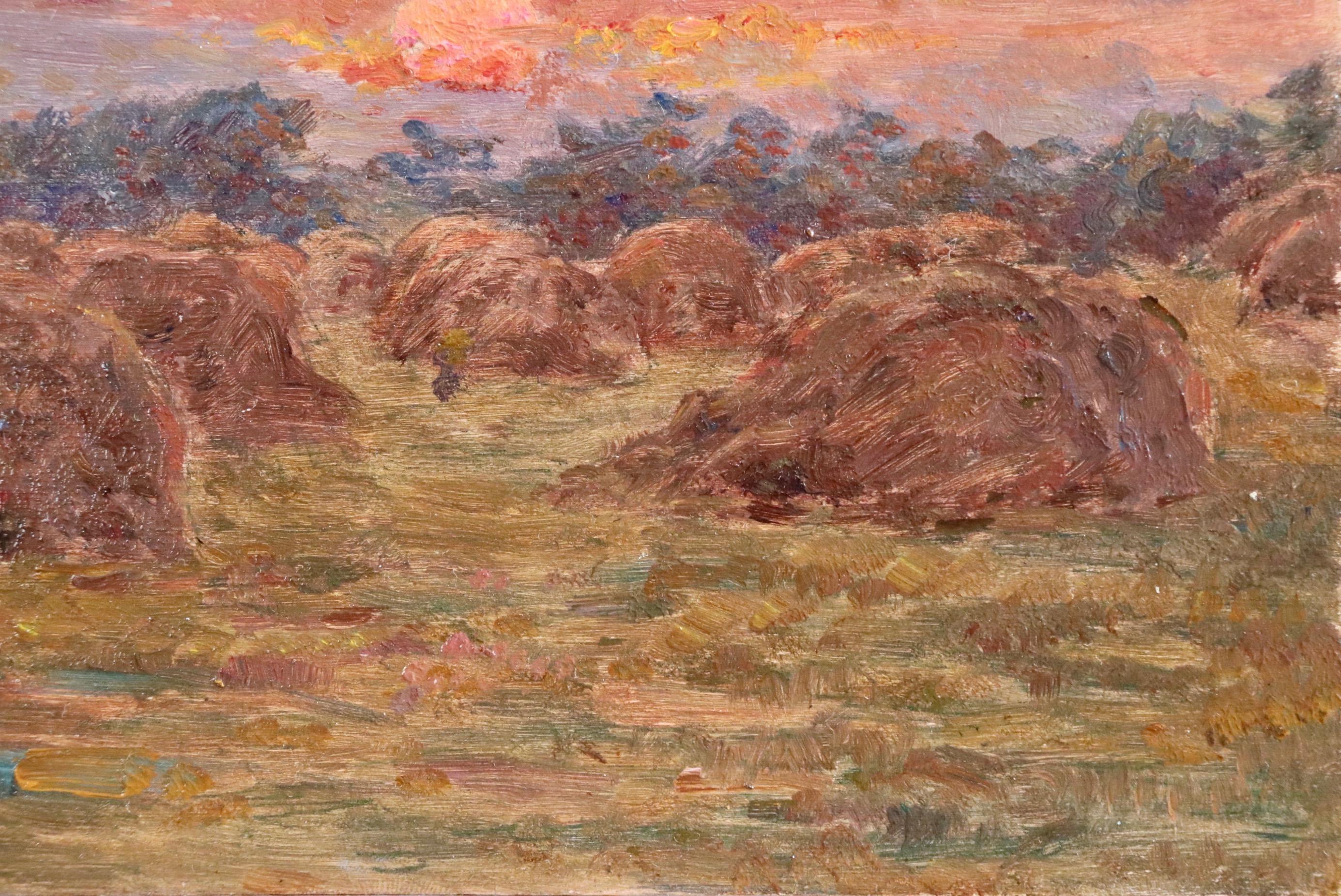 Coucher de Soleil sur des Meules - 19th Century Oil, Landscape by Henry Duhem - Impressionist Painting by Henri Duhem