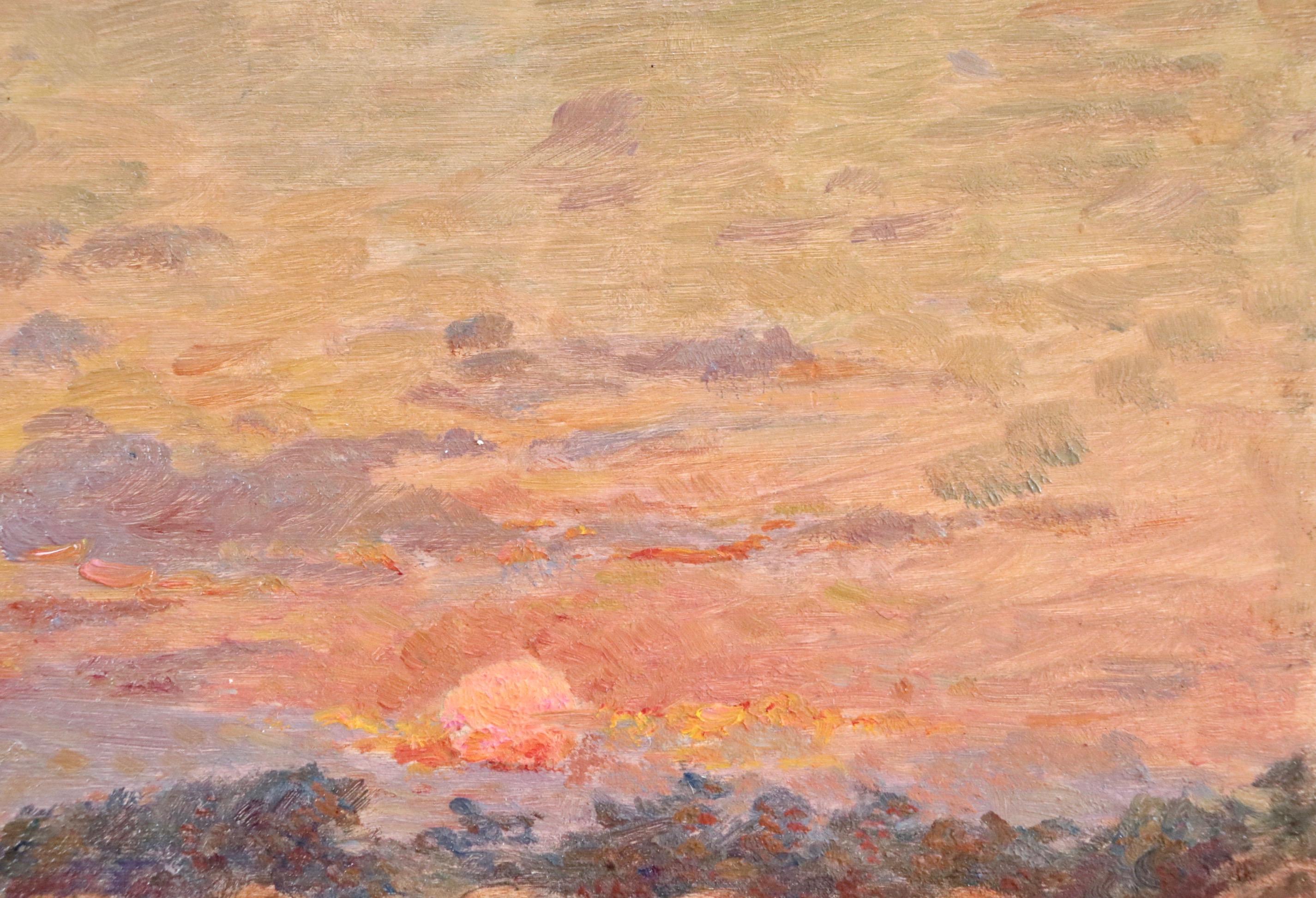 Coucher de Soleil sur des Meules - 19th Century Oil, Landscape by Henry Duhem - Brown Landscape Painting by Henri Duhem