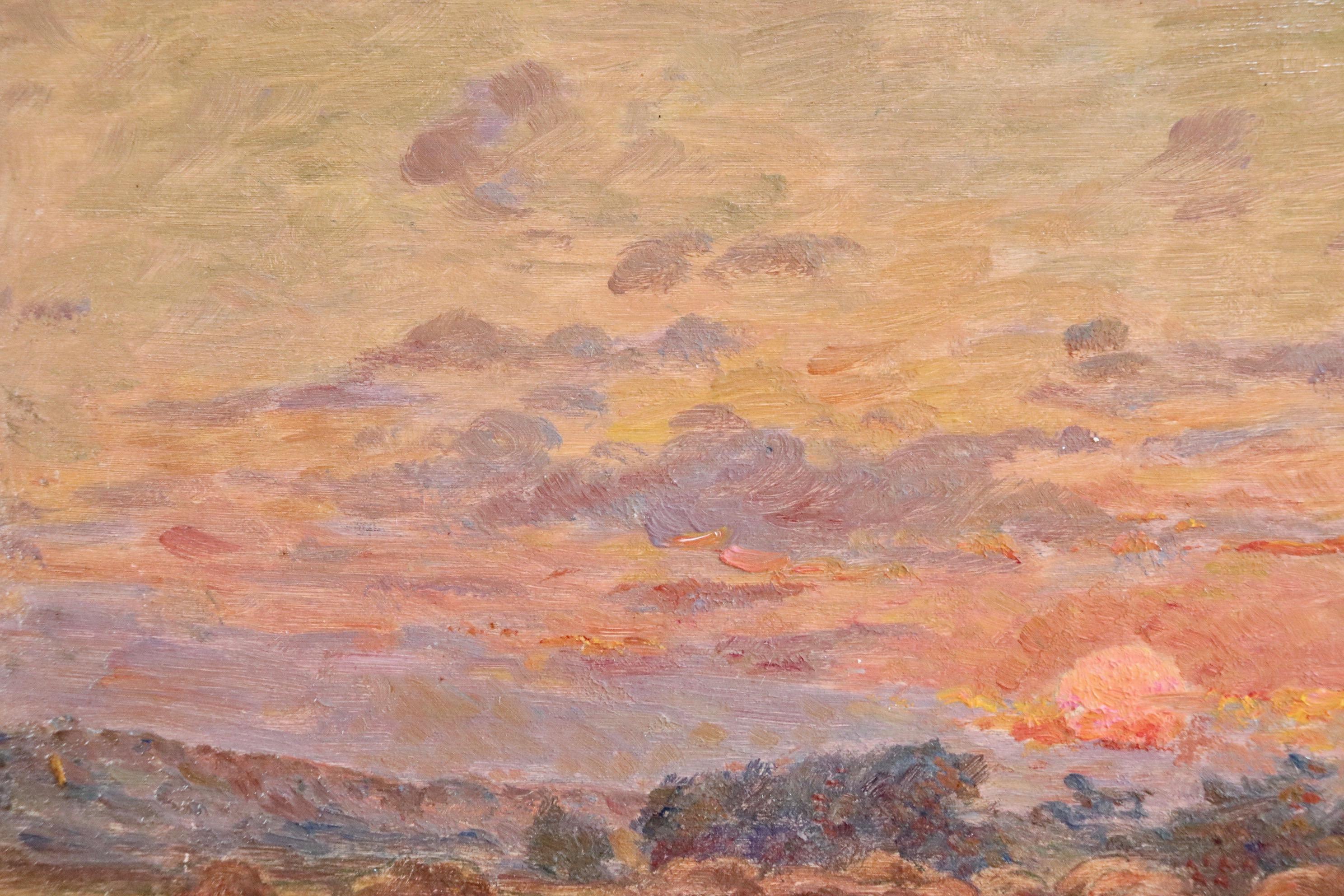 Oil on panel by Henri Duhem depicting haystacks in a field with the setting sun in the distance. Signed  lower left and dated 1909 verso. This painting is not currently framed but a suitable frame can be sourced if required.

Descendant of an old