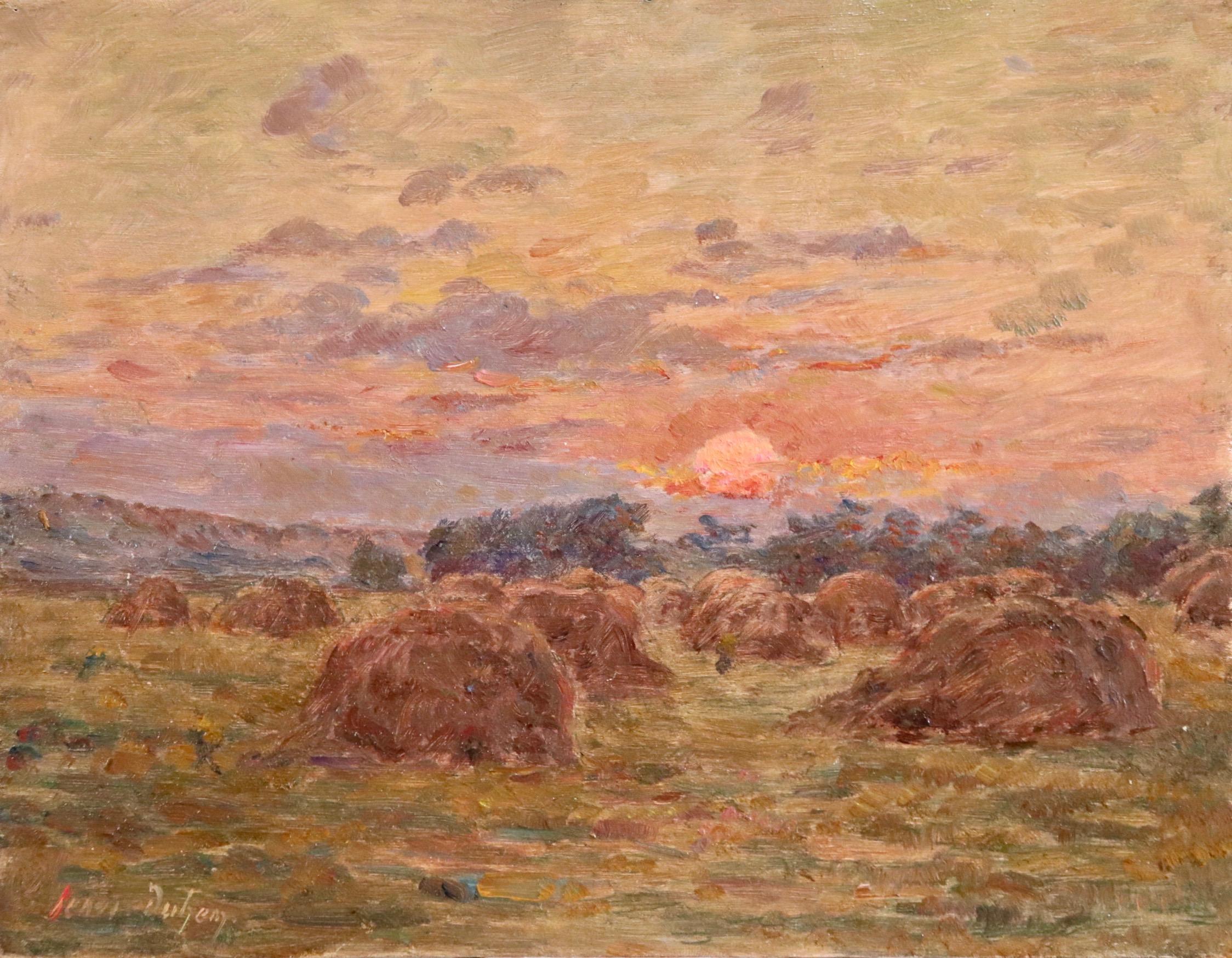 Henri Duhem Landscape Painting - Coucher de Soleil sur des Meules - 19th Century Oil, Landscape by Henry Duhem