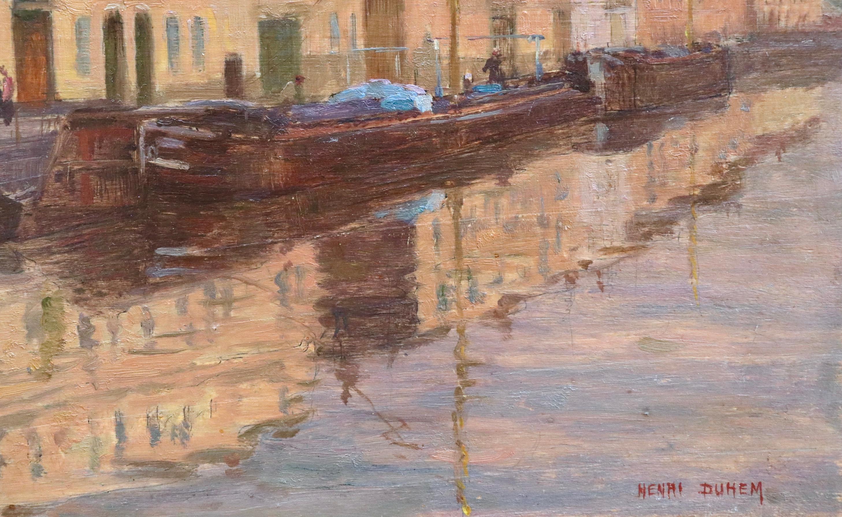 Coucher du soleil sur le canal - 19th Century Oil, Landscape by Henri Duhem For Sale 9