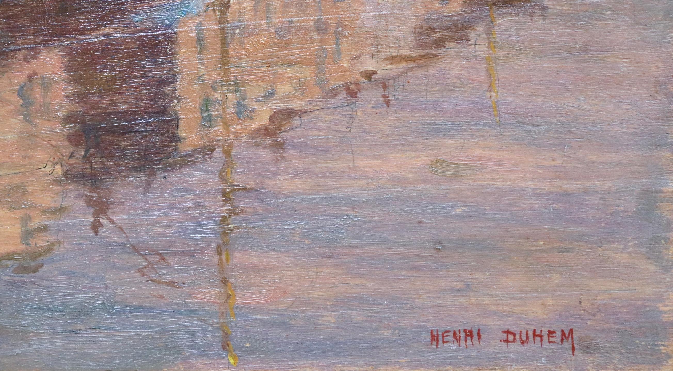 Coucher du soleil sur le canal - 19th Century Oil, Landscape by Henri Duhem For Sale 1