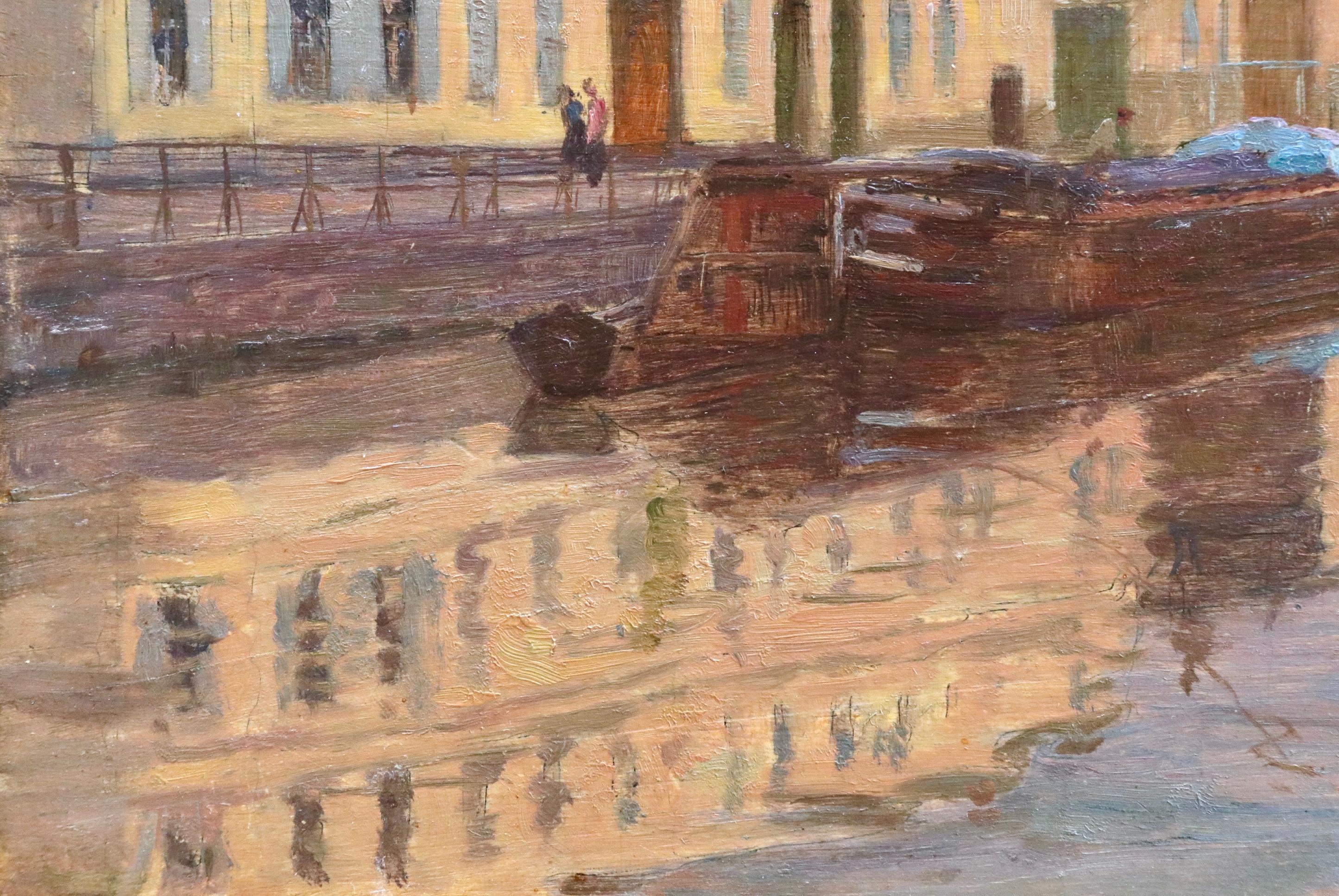 Coucher du soleil sur le canal - 19th Century Oil, Landscape by Henri Duhem For Sale 8