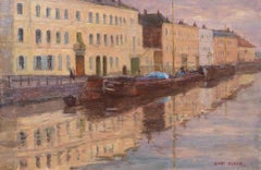 Coucher du soleil sur le canal - Olio del XIX secolo, Paesaggio di Henri Duhem