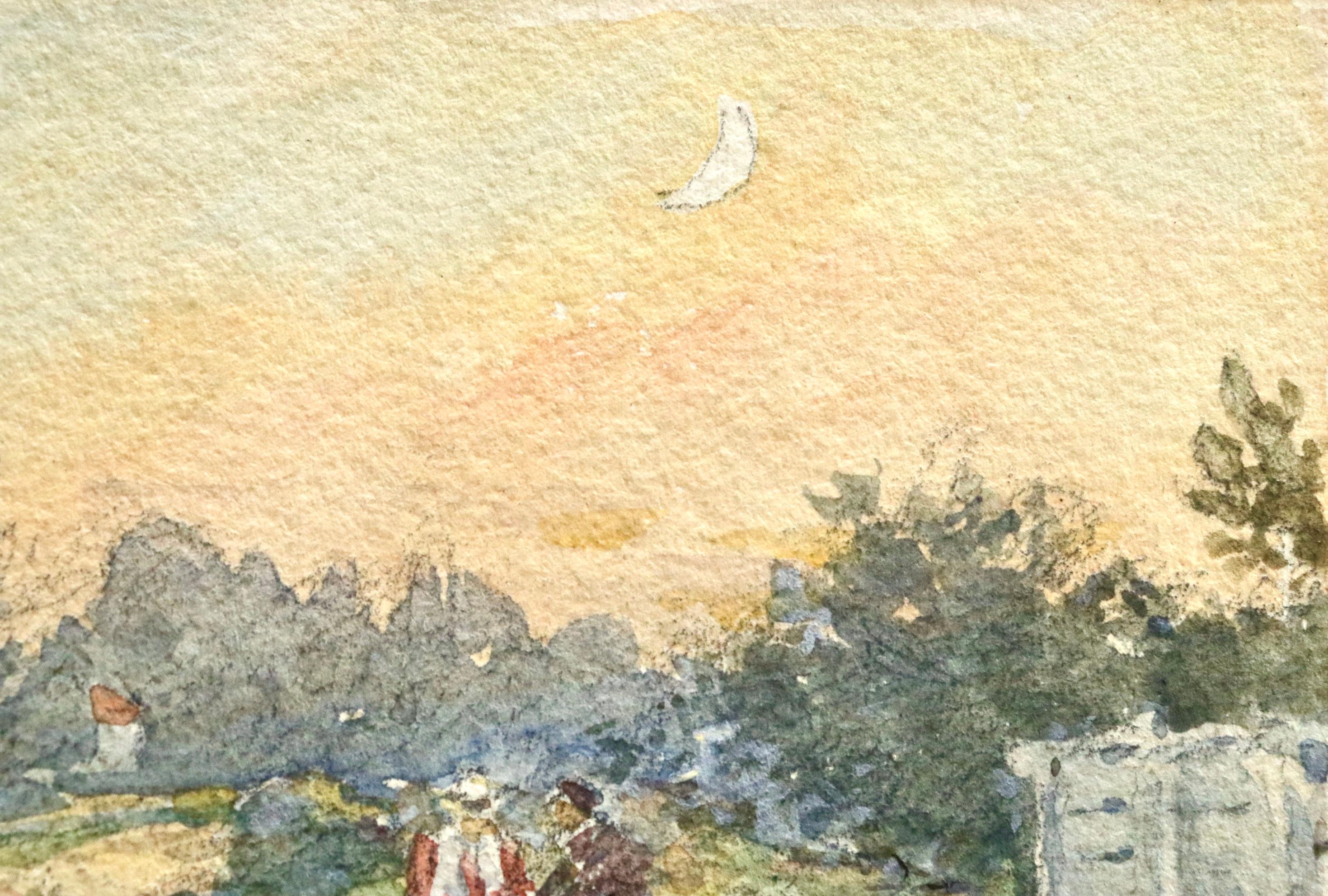 Courting - 19th Century Watercolor, Figures by River in Landscape by Henri Duhem For Sale 8