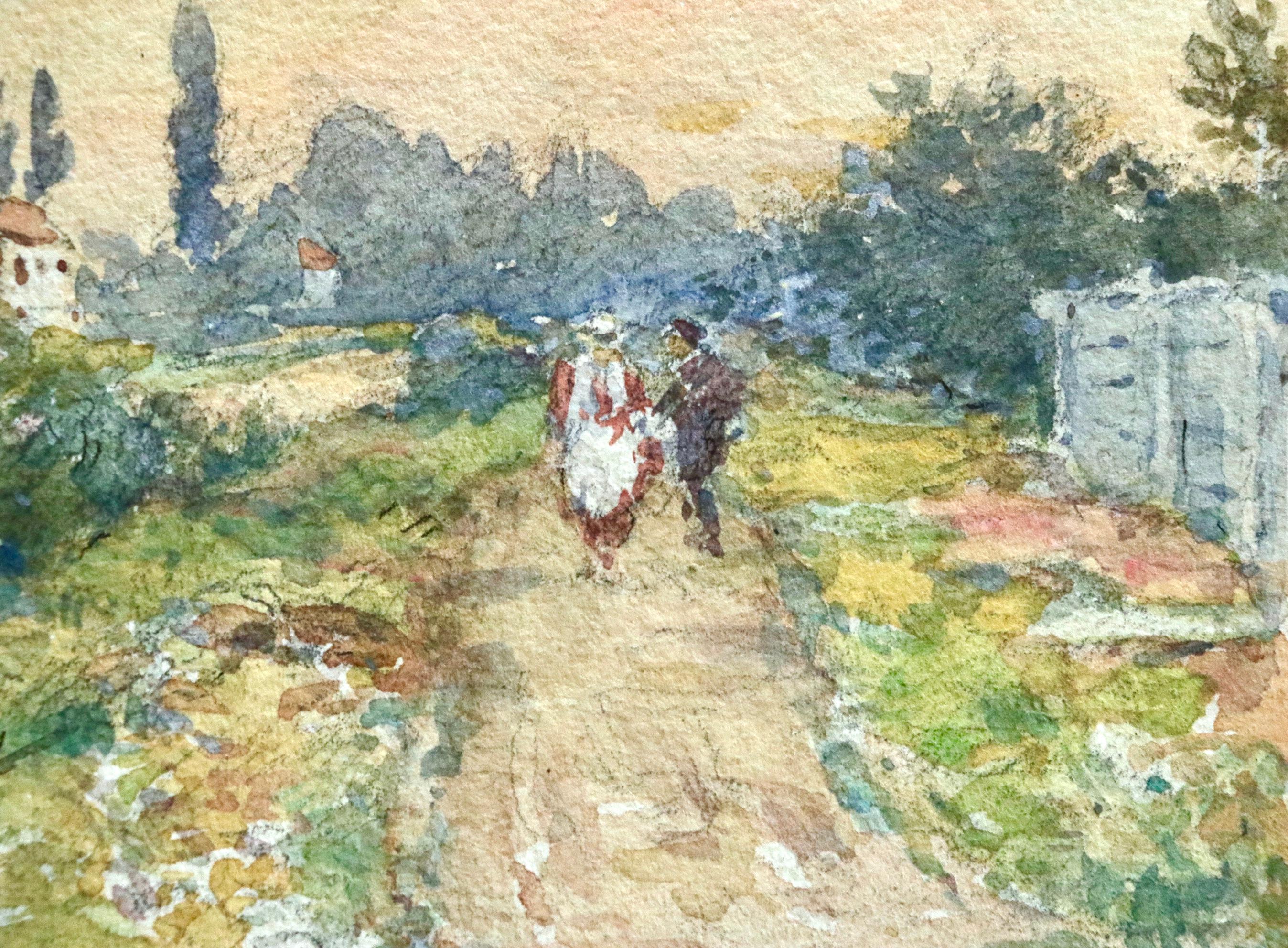 Corteggiamento - Acquerello del XIX secolo, Figure vicino al fiume in un paesaggio di Henri Duhem 2