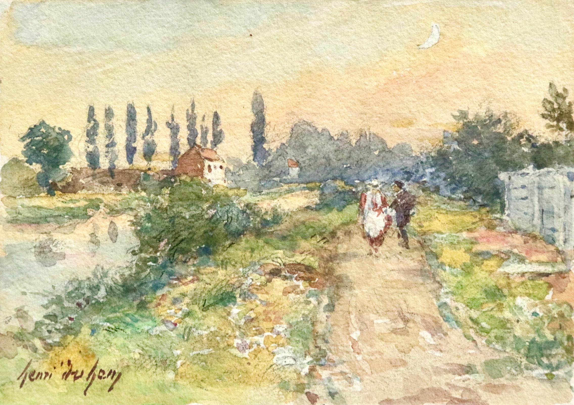 Courting - 19th Century Watercolor, Figures by River in Landscape by Henri Duhem