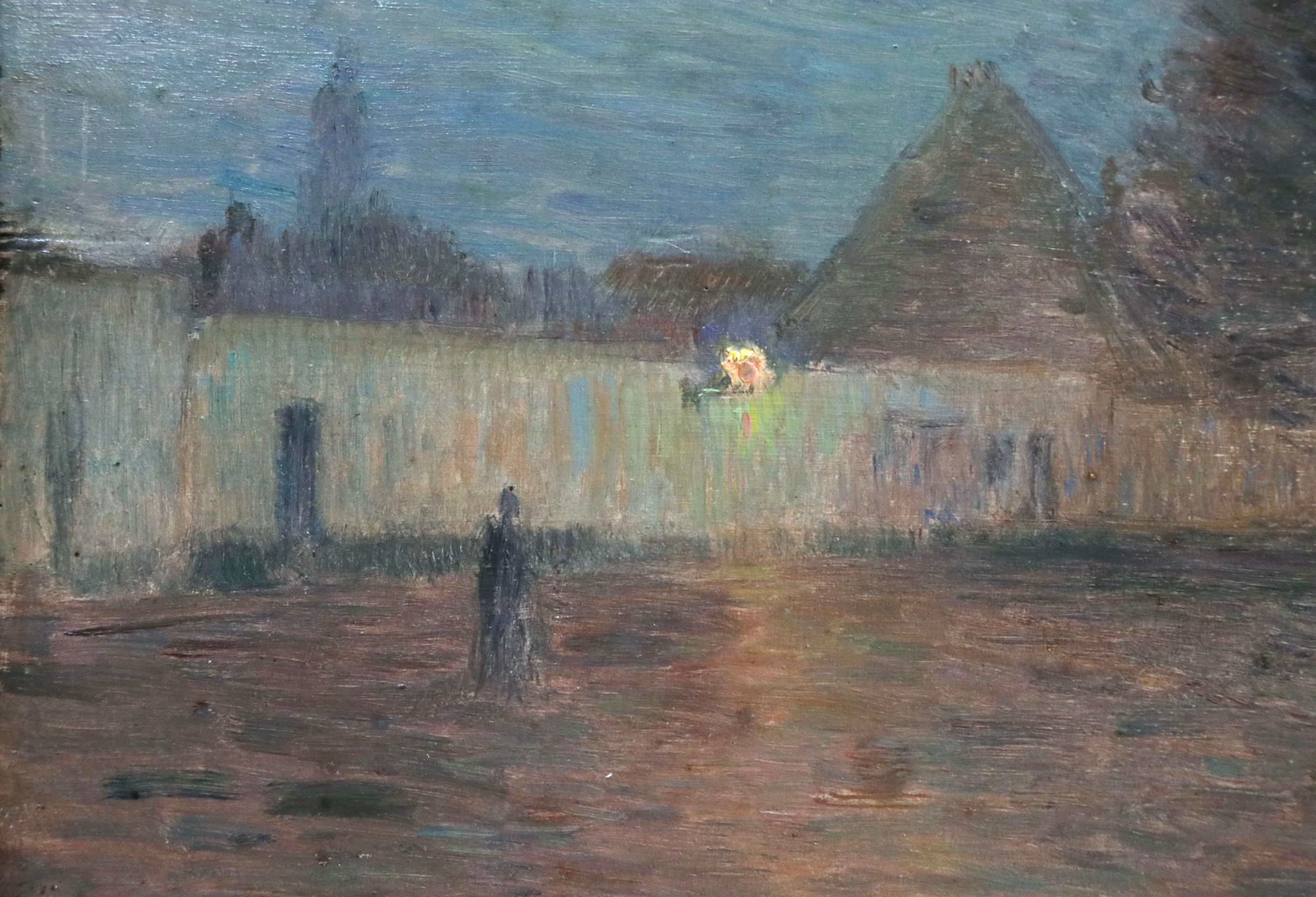 Crépuscule - 19th Century Oil Panel, Village at Night Landscape by Henri Duhem For Sale 1