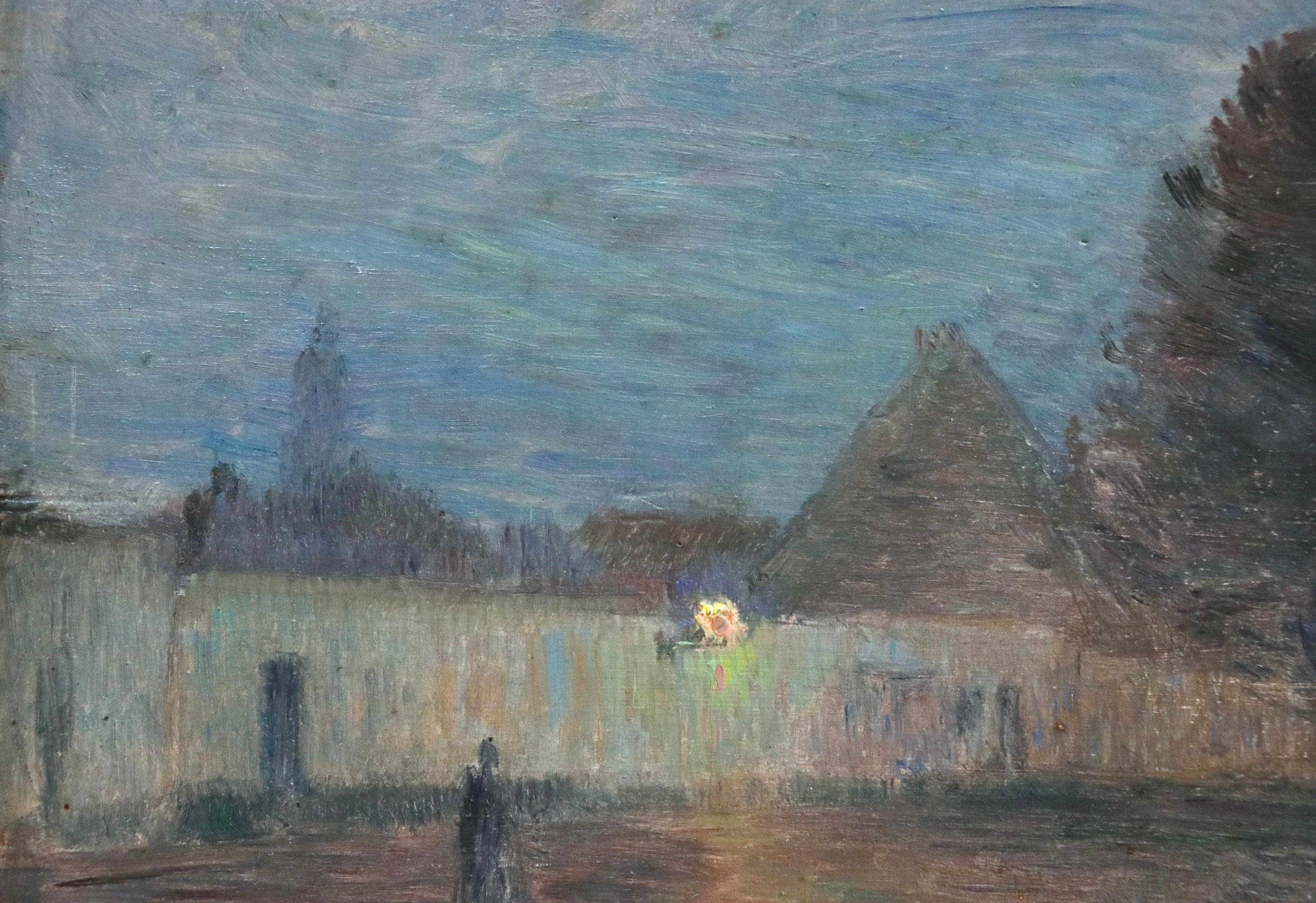 Crépuscule - 19th Century Oil Panel, Village at Night Landscape by Henri Duhem For Sale 2