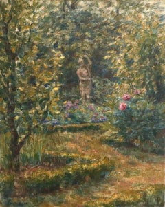 Huile « Dans le Jardin » du XIXe siècle, statue dans un paysage de jardin par Henri Duhem