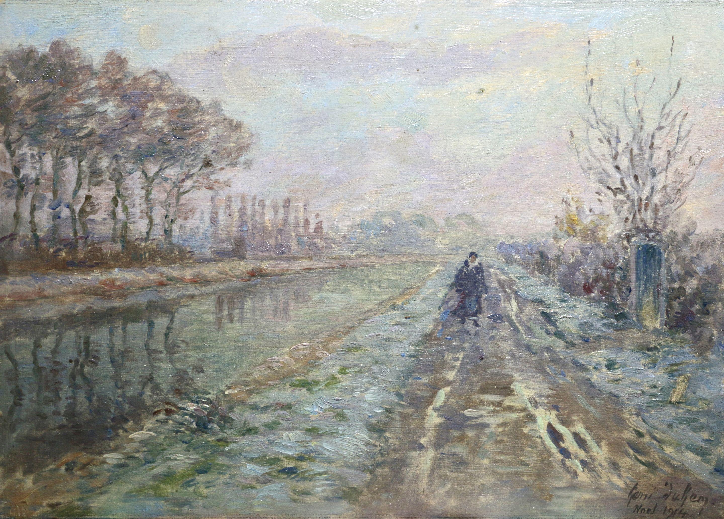 Henri Duhem Landscape Painting - Douai Canal - Christmas 1914 - 19th Century Oil, Figure in Riverscape by H Duhem
