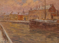 Douai - Hiver - Impressionist Oil, Boat on Canal Winter Landscape by Henri Duhem
