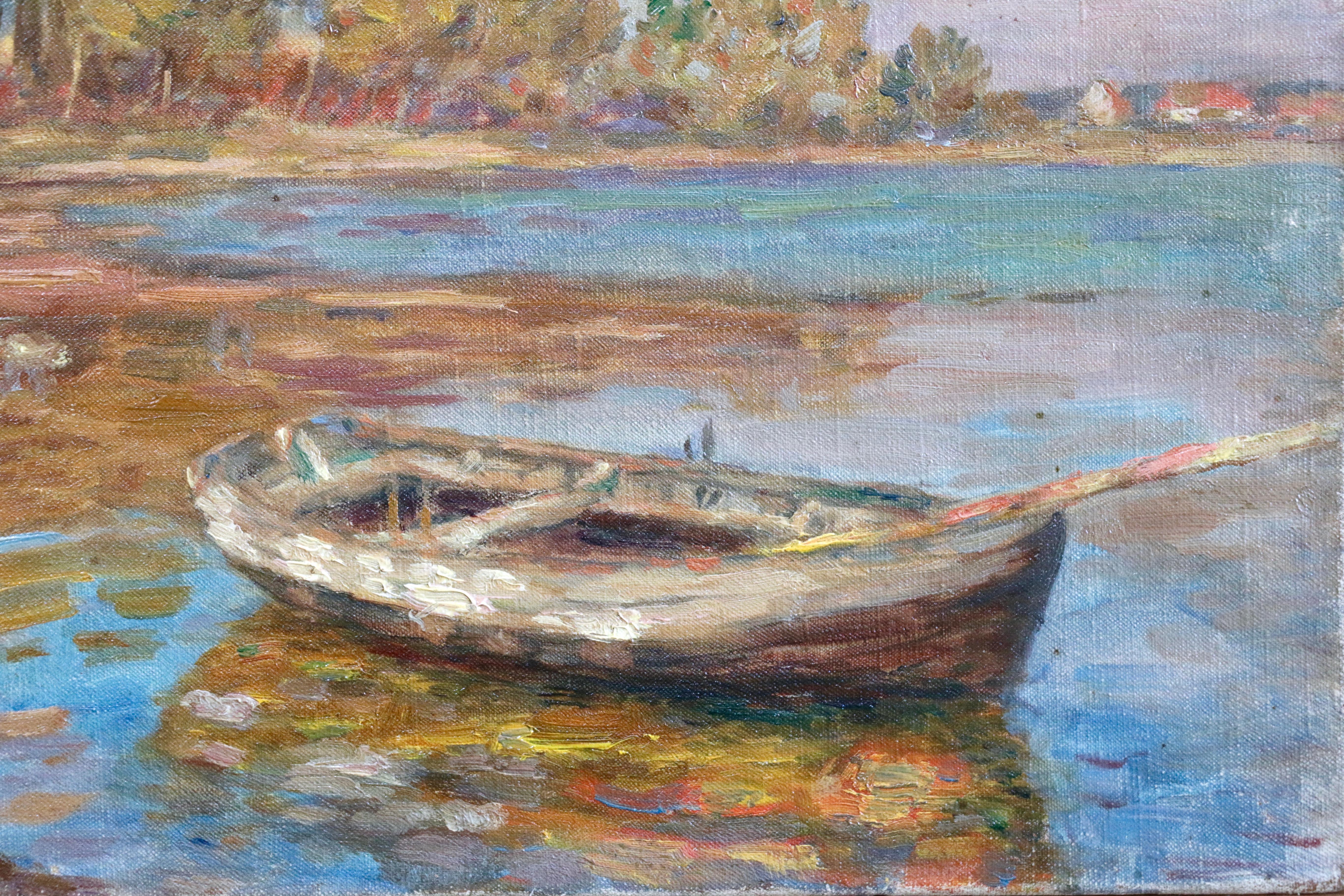 Etang á Nimes - 19th Century Oil, Boat on Pond in Landscape by Henri Duhem 3