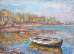 Etang á Nimes - Huile du 19e siècle, Bateau sur l'étang dans un paysage par Henri Duhem