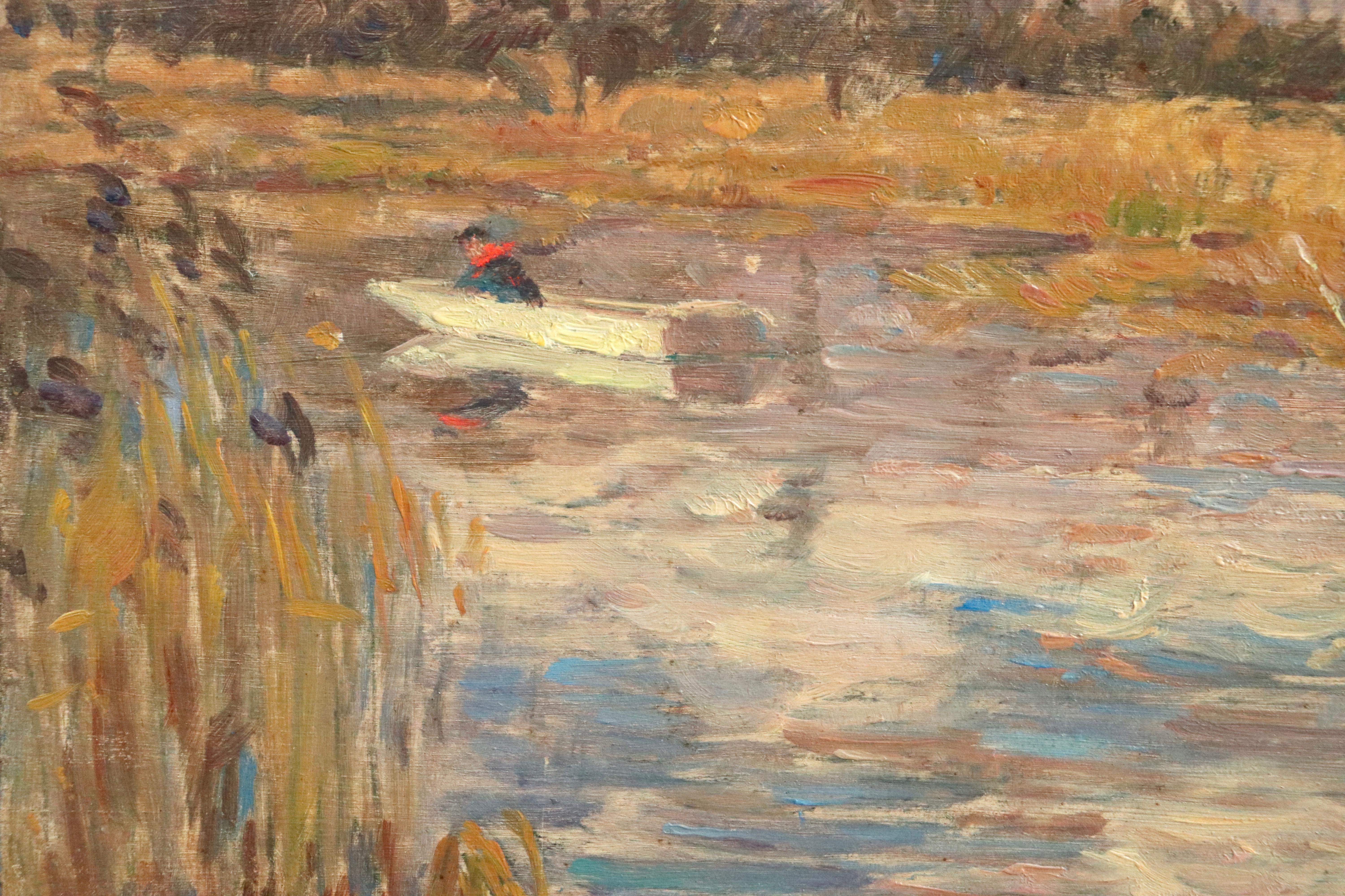 Oil on panel by Henri Duhem depicting a man in a small boat on a pond in a French landscape on a fresh spring's day. Signed lower left and dated 1910 verso. This painting is not currently framed but a suitable frame can be sourced if
