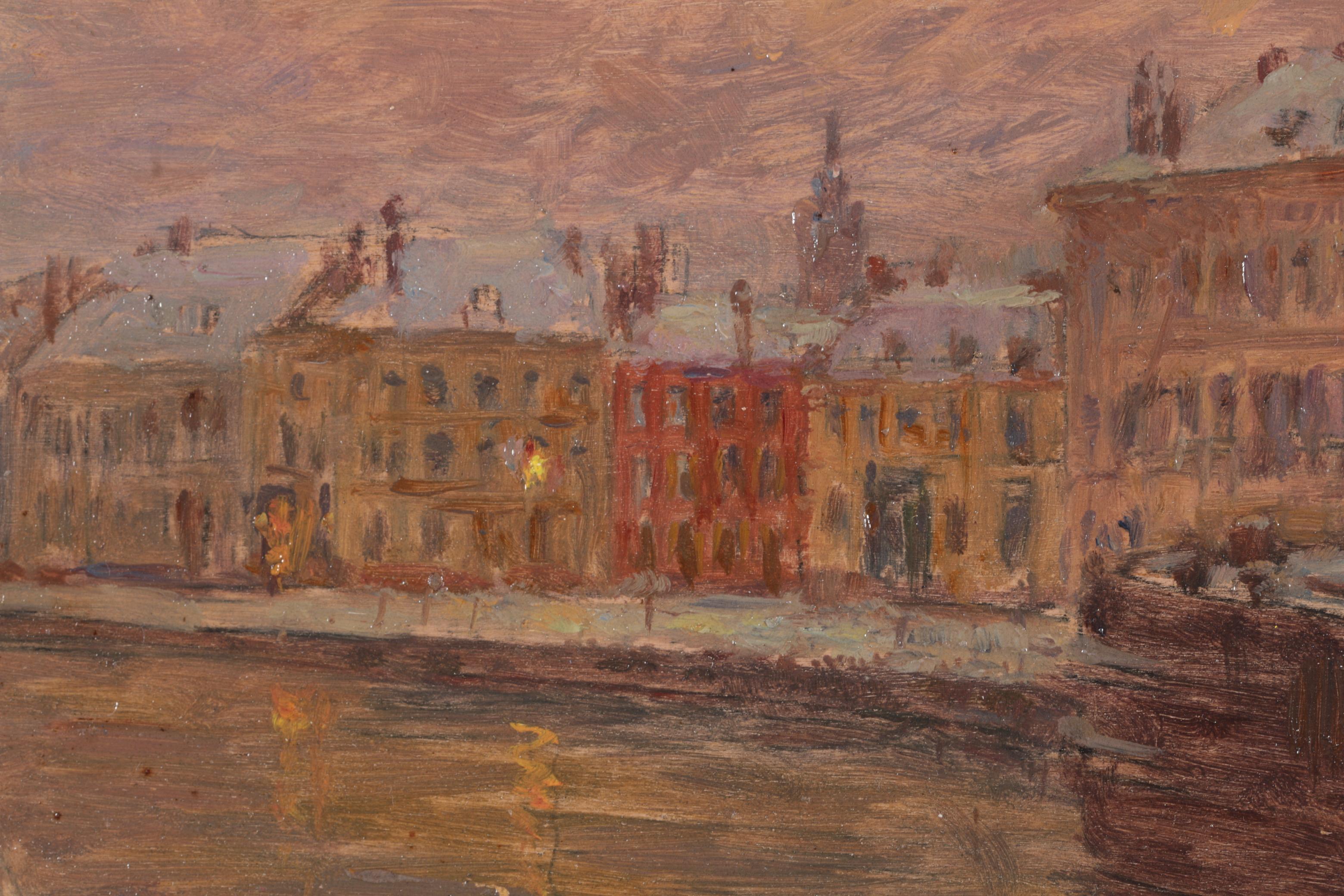 Tableau de soirée coucher de soleil - Douai - Peinture à l'huile de paysage impressionniste d'Henri Duhem en vente 9