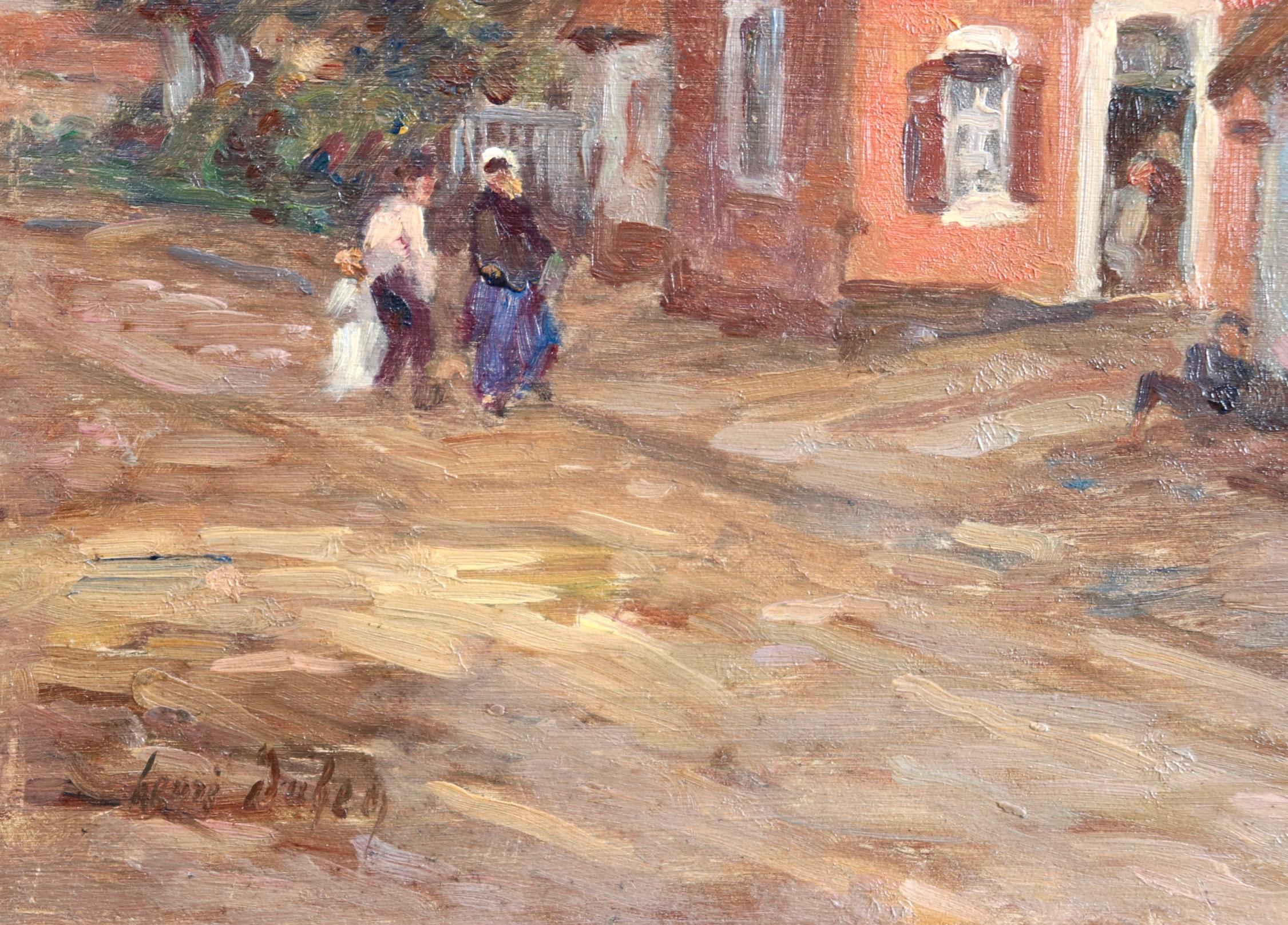 Huile impressionniste française « Famille au village », Figures dans un paysage par H Duhem - Painting de Henri Duhem