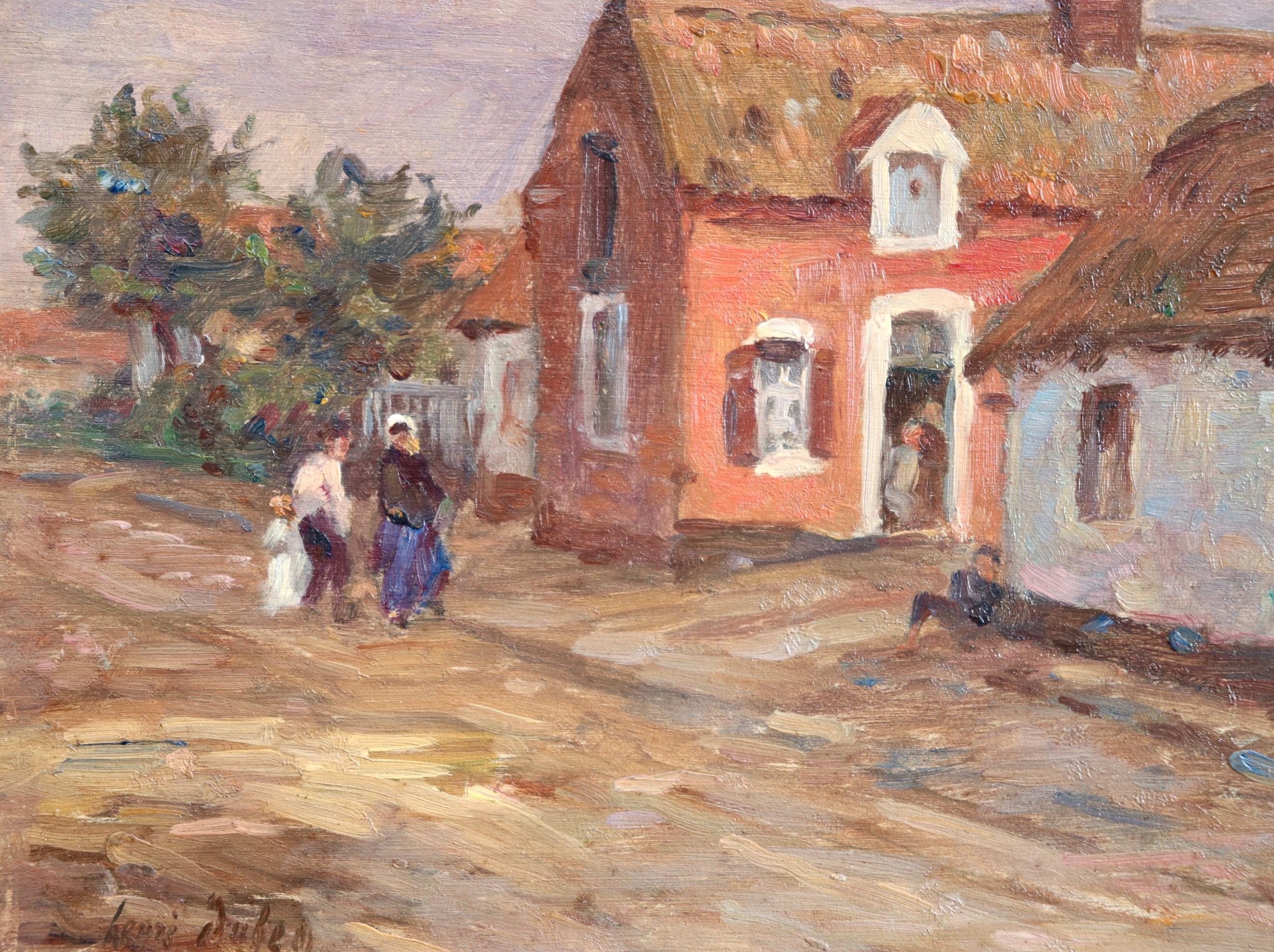 Famille au village - French Impressionist Oil, Figures in Landscape by H Duhem - Brown Figurative Painting by Henri Duhem