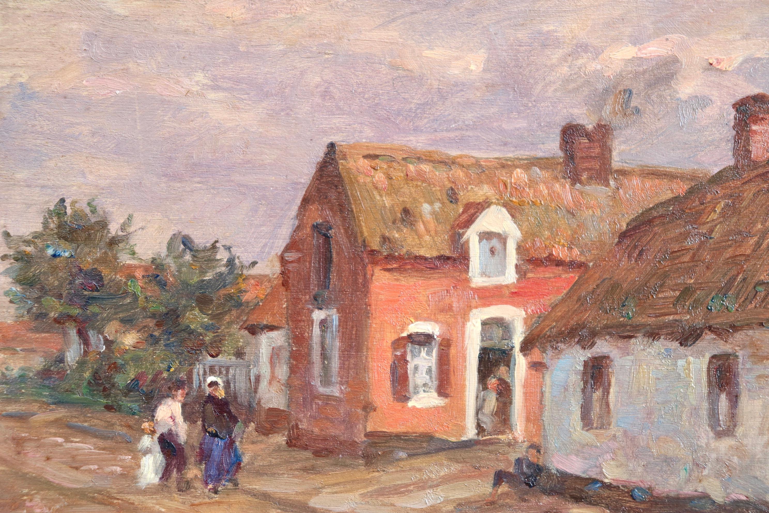 Precioso óleo sobre tabla del pintor impresionista francés Henri Duhem, que representa a una familia en el exterior de las casitas de un pueblo en un día de verano. Firmado abajo a la izquierda y fechado en 1913 en el verso. Este cuadro no está