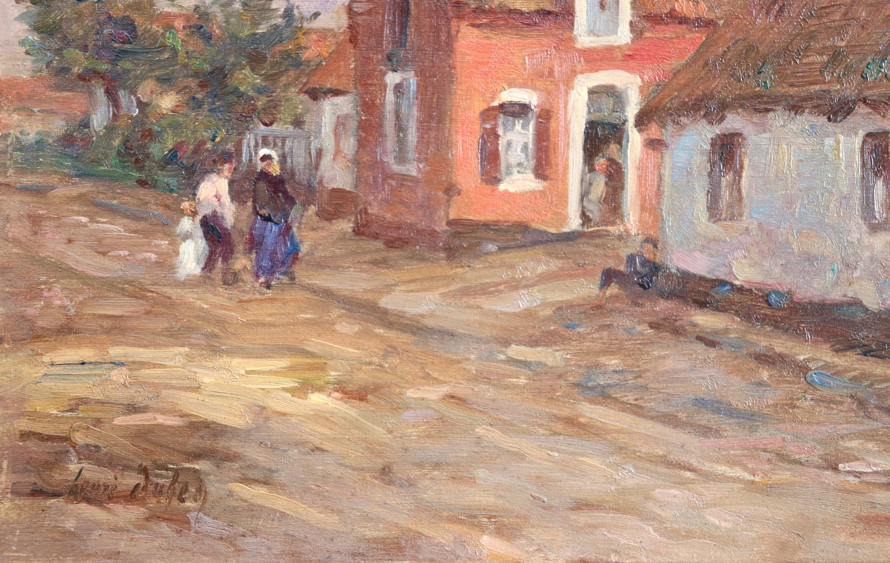 Huile impressionniste française « Famille au village », Figures dans un paysage par H Duhem en vente 1