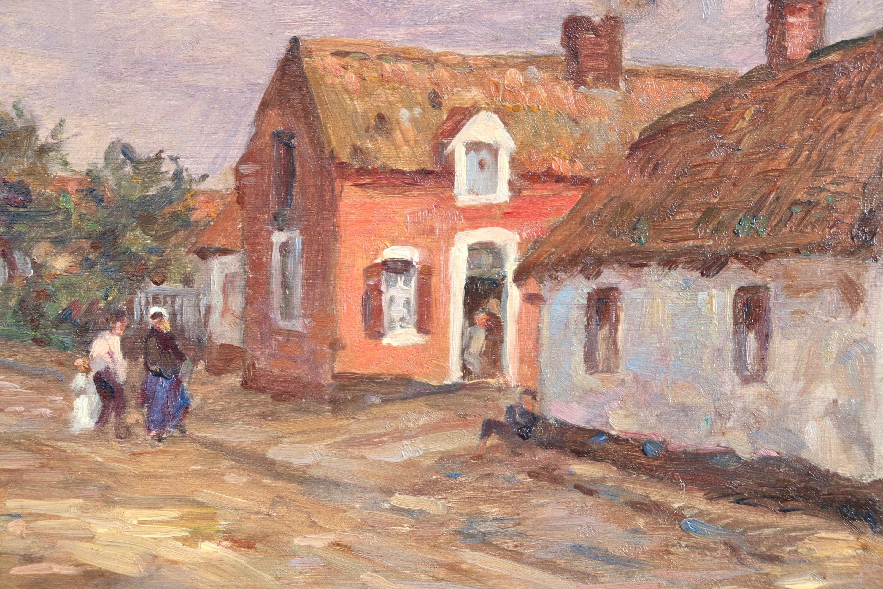 Huile impressionniste française « Famille au village », Figures dans un paysage par H Duhem en vente 3