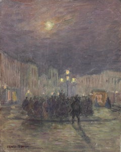 Fete at Moonlight - 19th Century Oil, Figures in Night Landscape by Henri Duhem
