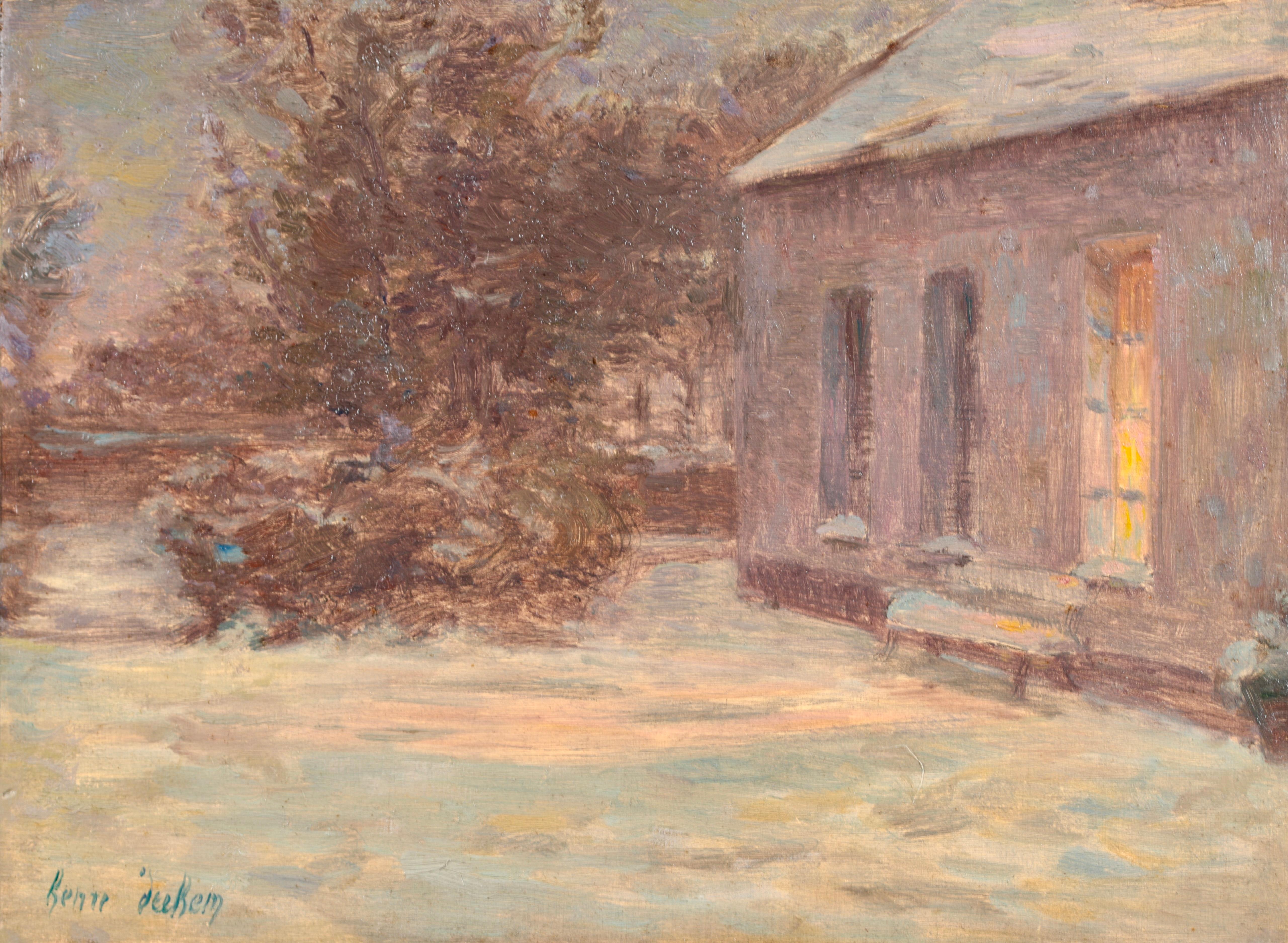 Signed and dated oil on panel landscape by French impressionist painter Henri Duhem. The piece depicts a view of artists's home and garden. It is a winter scene with snow laying heavy on the ground. The sun has gone down and the light from a tall