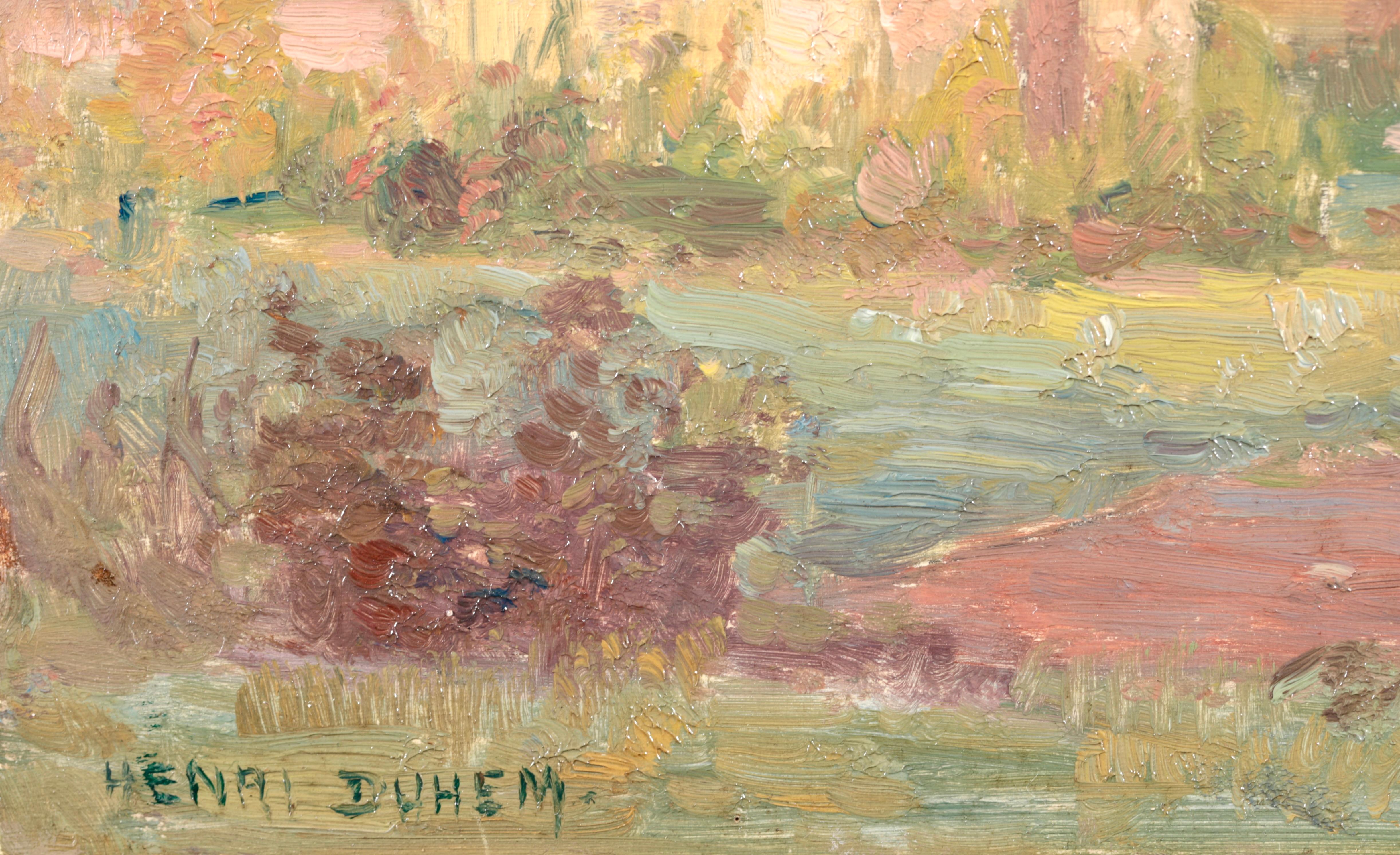Figure dans un paysage, signée et datée, sur une huile sur panneau du peintre impressionniste français Henri Duhem. L'œuvre représente un homme en veste bleue marchant sur un chemin à côté d'un petit bâtiment agricole. Les oiseaux volent au-dessus
