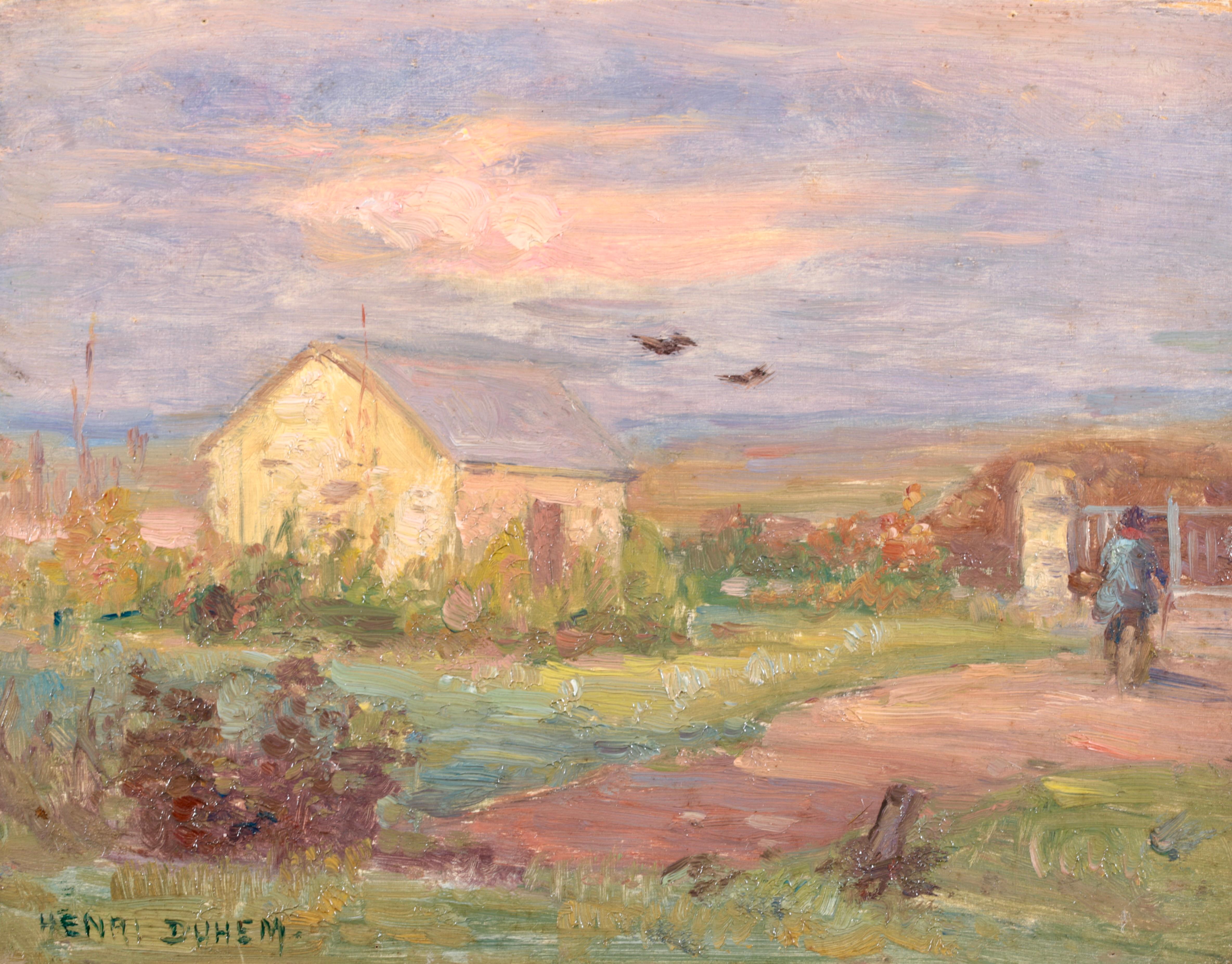 Signed and dated oil on panel figure in landscape by French impressionist painter Henri Duhem. The work depicts a man in a blue jacket walking along a path beside a small farm building. Birds fly overhead and rolling fields can be seen on the