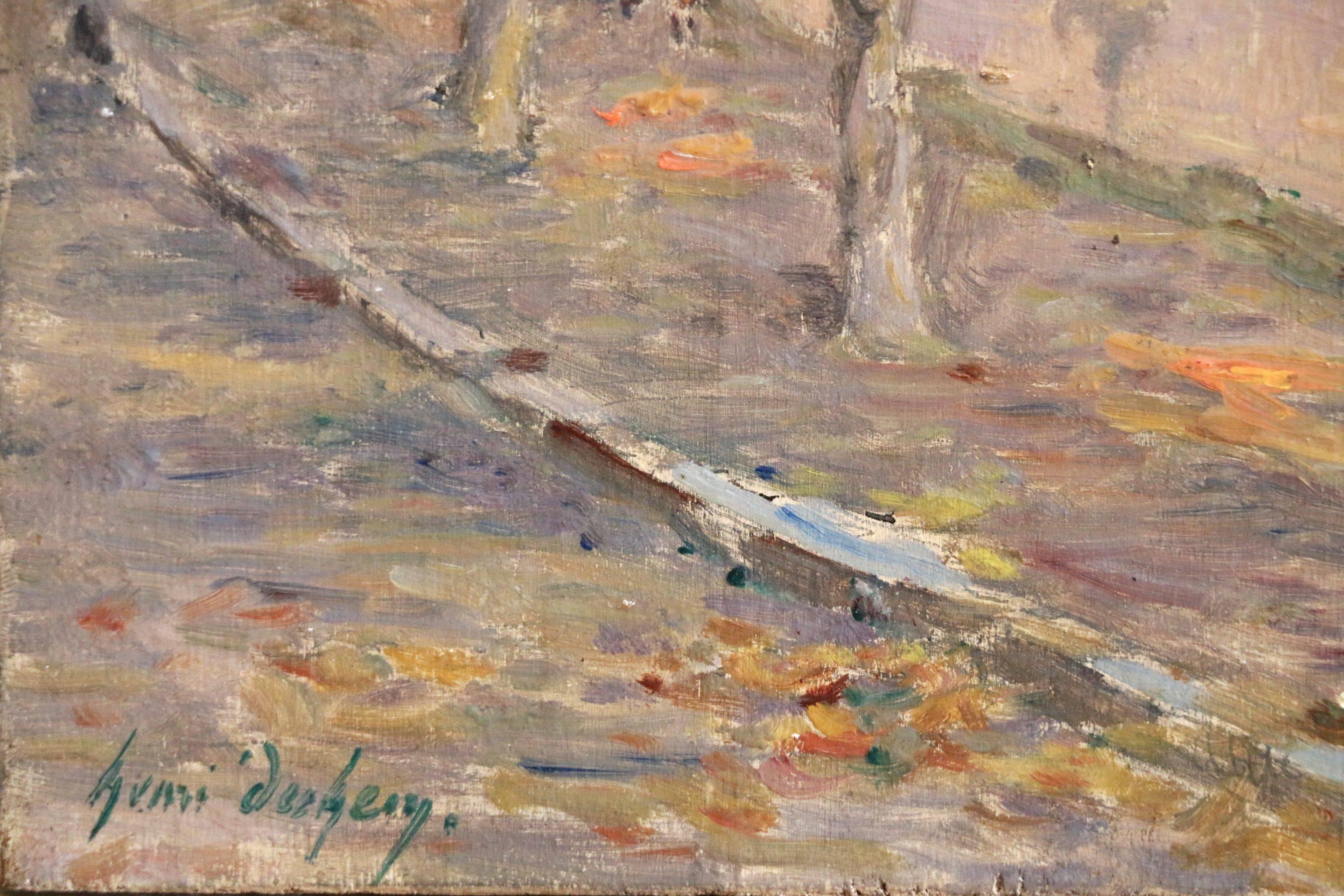 Figure lungo il canale - Olio impressionista, Paesaggio autunnale di Henri Duhem 2