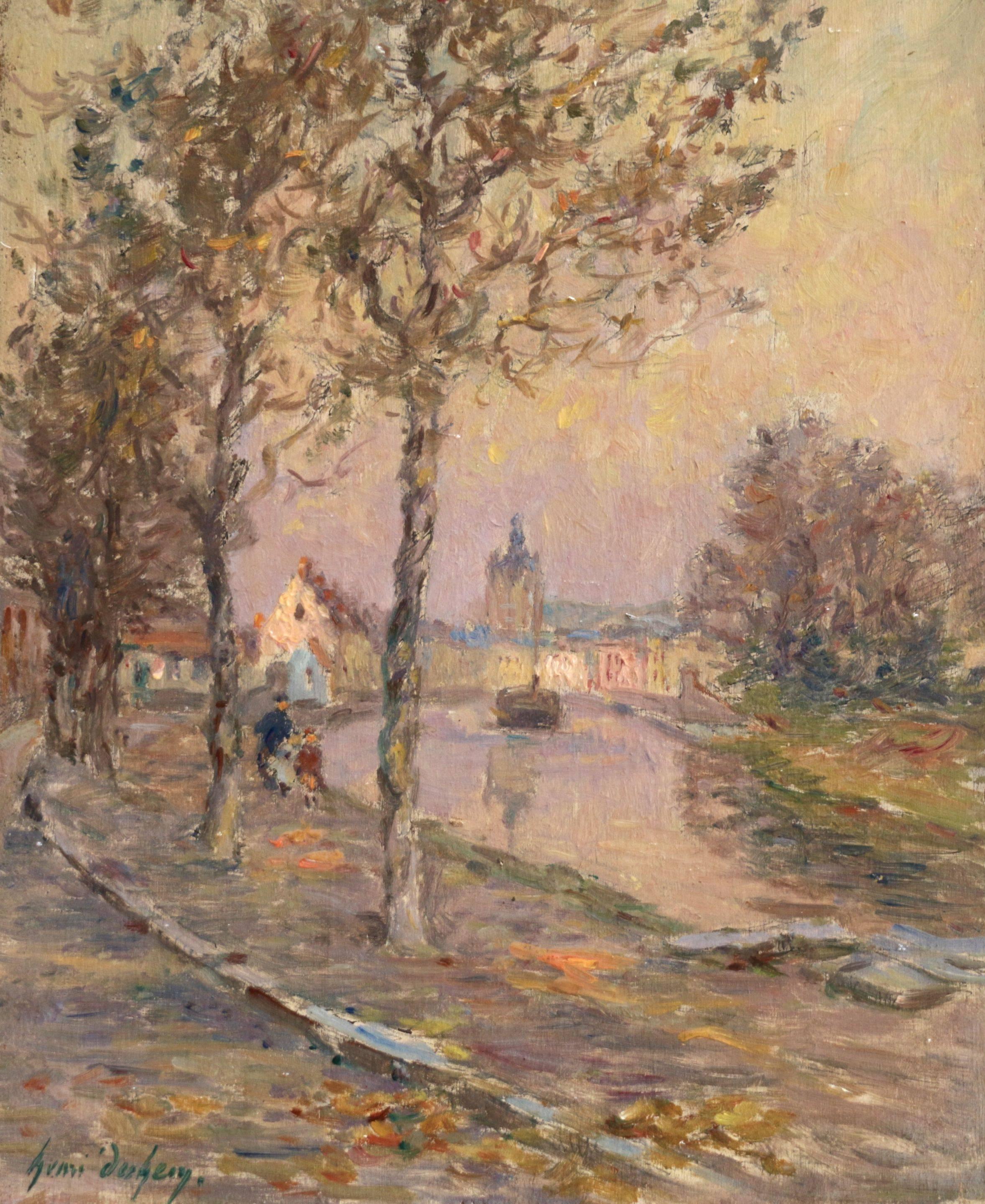 Figures by a Canal - Impressionist Oil, Autumn Landscape by Henri Duhem