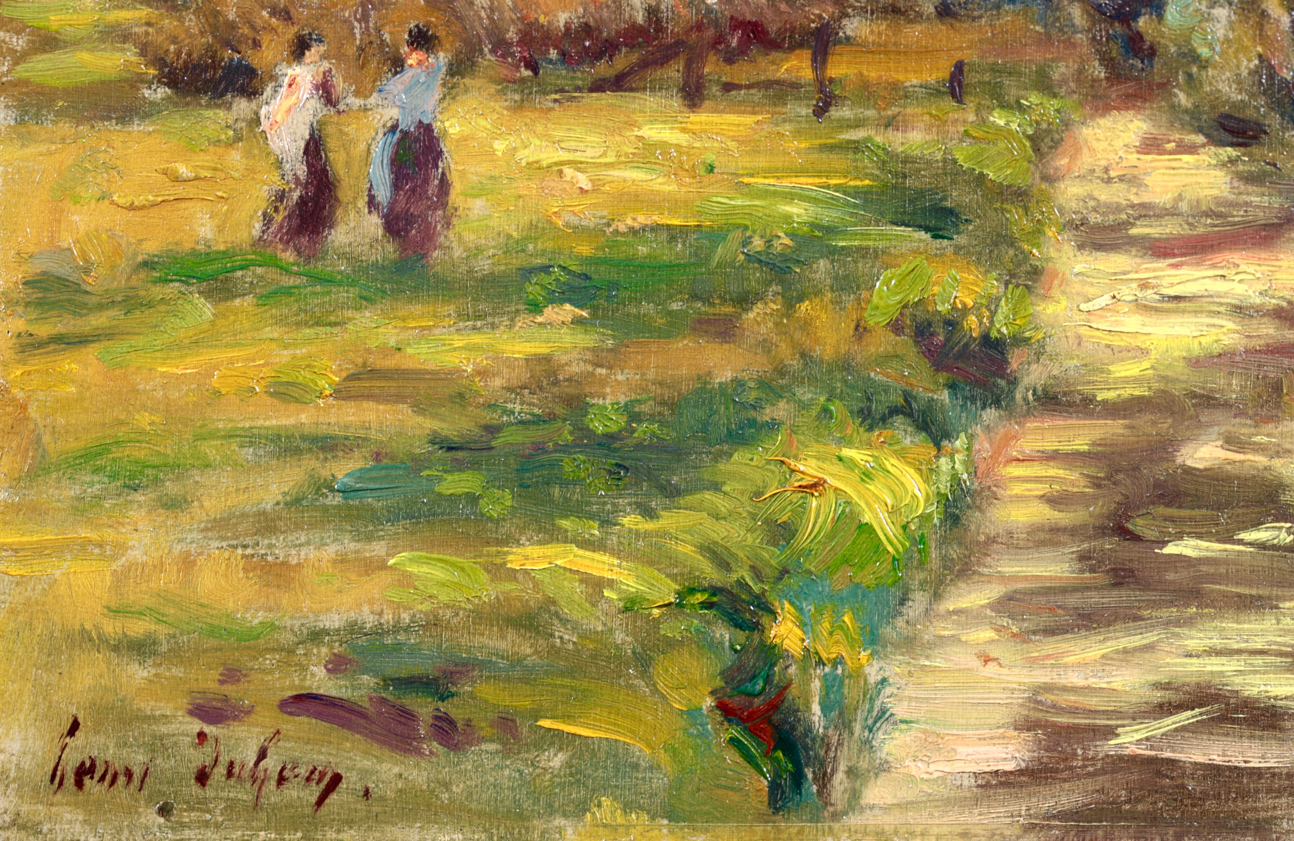 Paysage à l'huile sur panneau signé et daté du peintre impressionniste français Henri Duhem. L'œuvre représente deux femmes marchant sur une rive herbeuse verte près d'un ruisseau dans un paysage d'été.

Signature :
Signé en bas à gauche et daté de