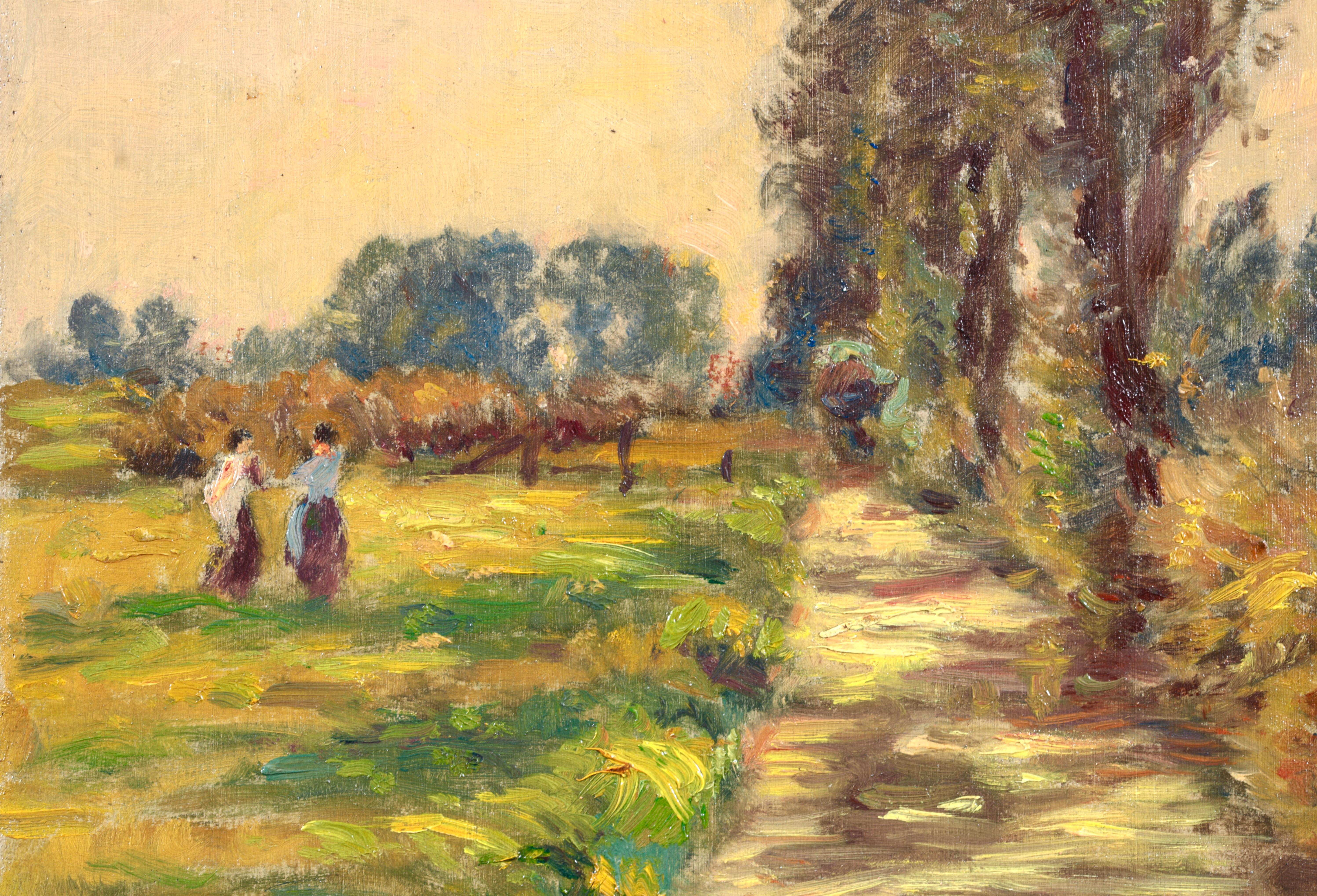 Signed and dated oil on panel landscape by French impressionist painter Henri Duhem. The work depicts two women walking on a green grassy bank by a stream in a summer landscape.

Signature:
Signed lower left and dated 1926